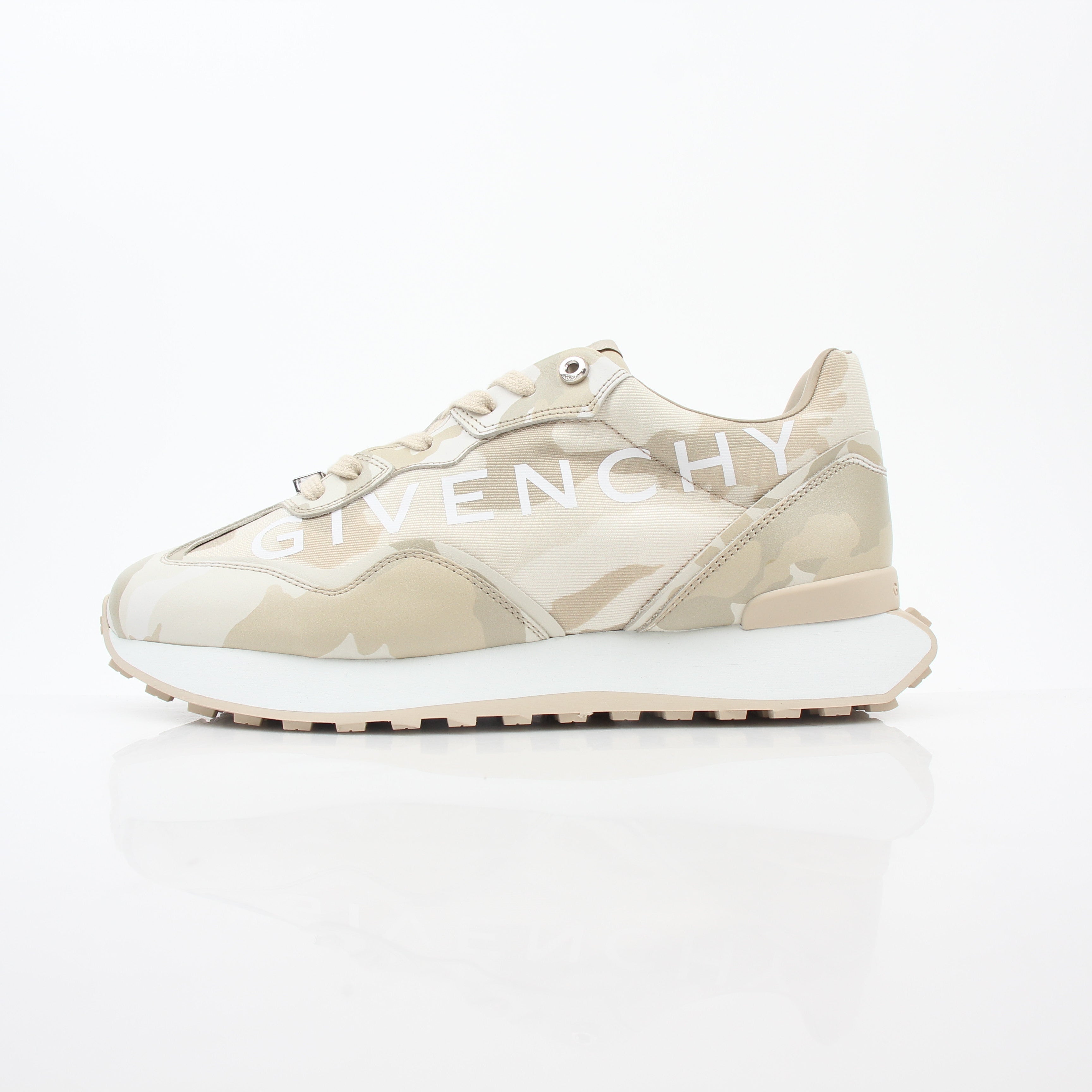 Givenchy beige GIV Runner logo camo sneakers, Gold & Beyond shoes with stylish camo pattern and branding details.