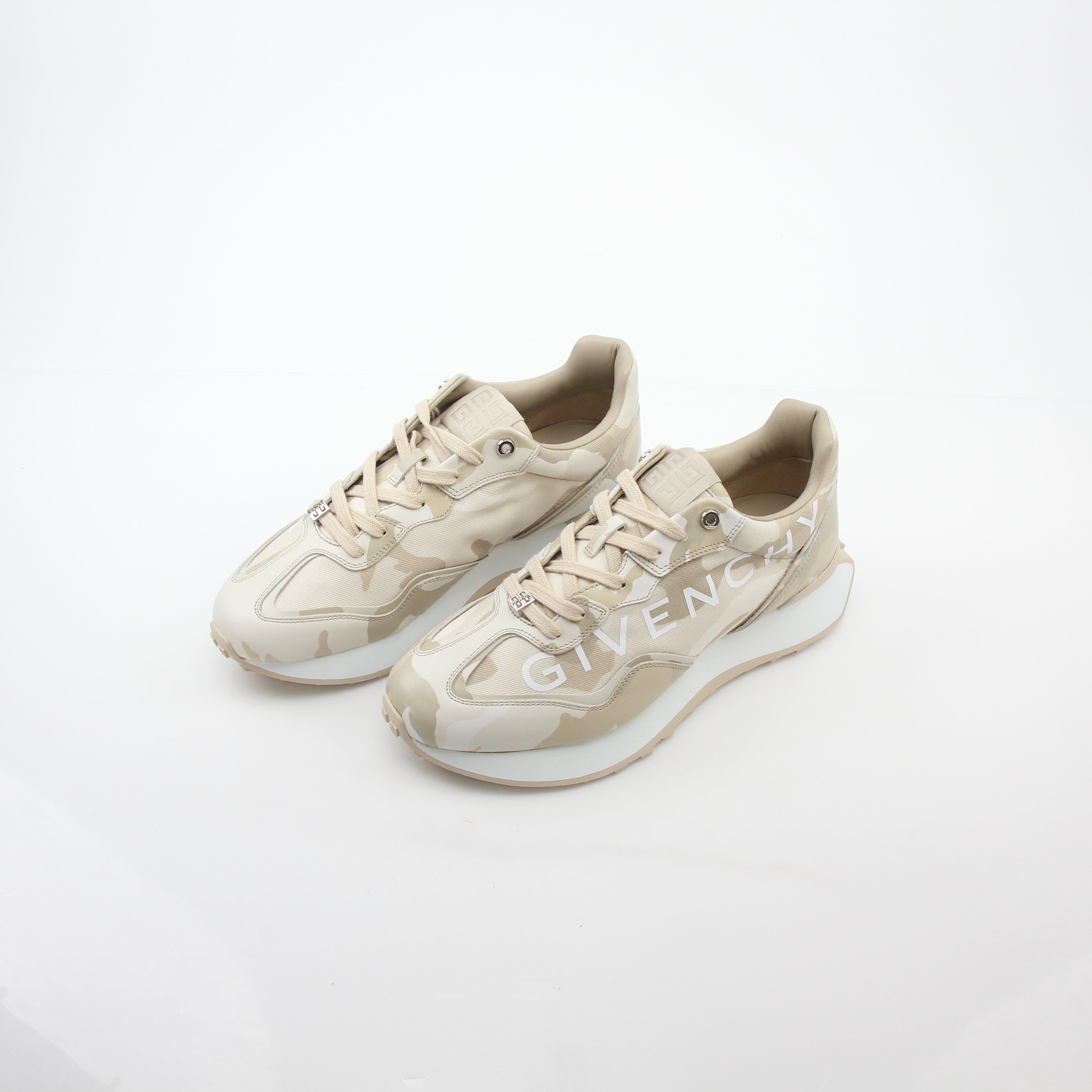 Beige Givenchy GIV Runner logo camo sneakers by Gold & Beyond, featuring stylish camouflage pattern and athletic shoe design.