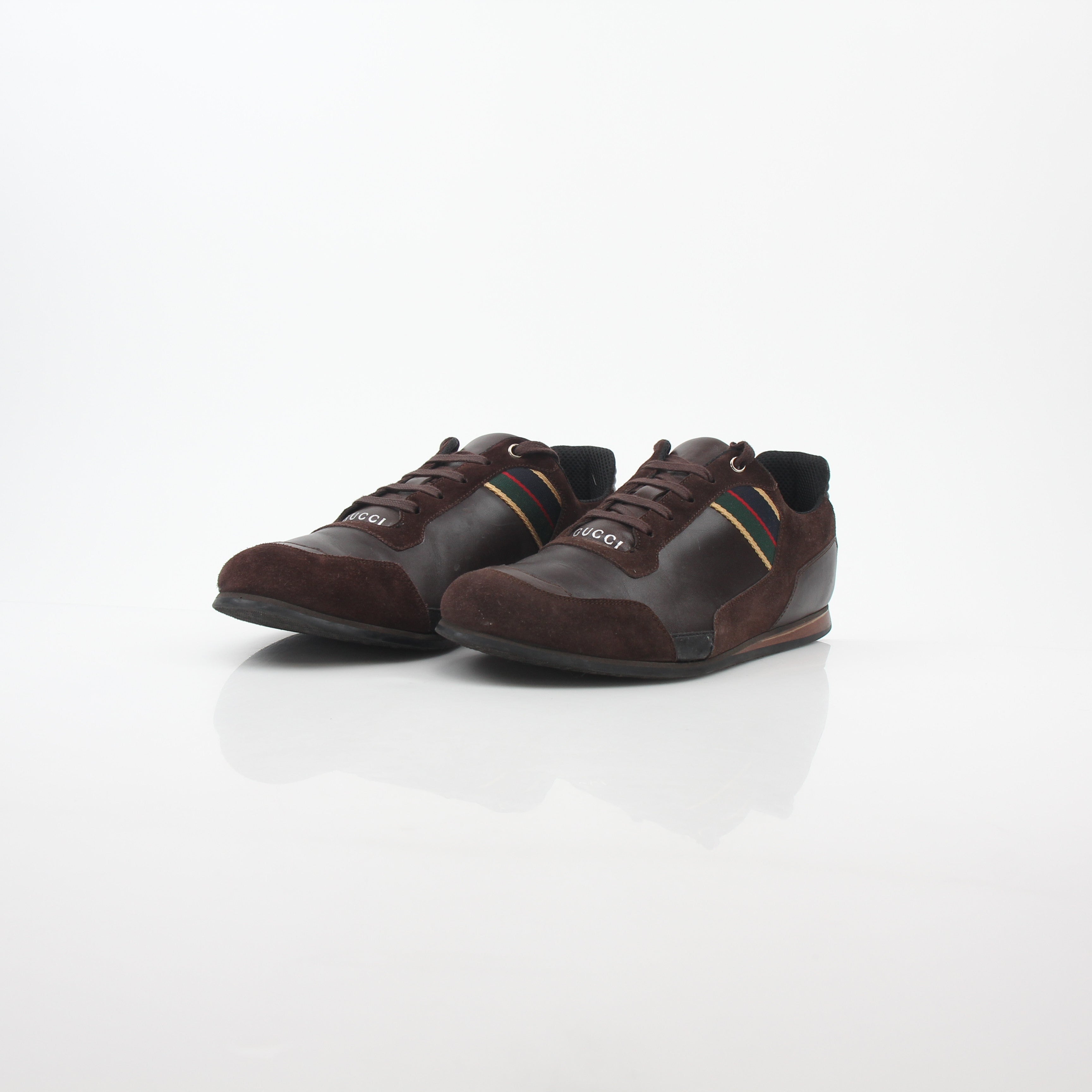 Gold & Beyond Gucci brown leather and suede low-top sneakers with web accents, featuring stylish design and casual footwear style.