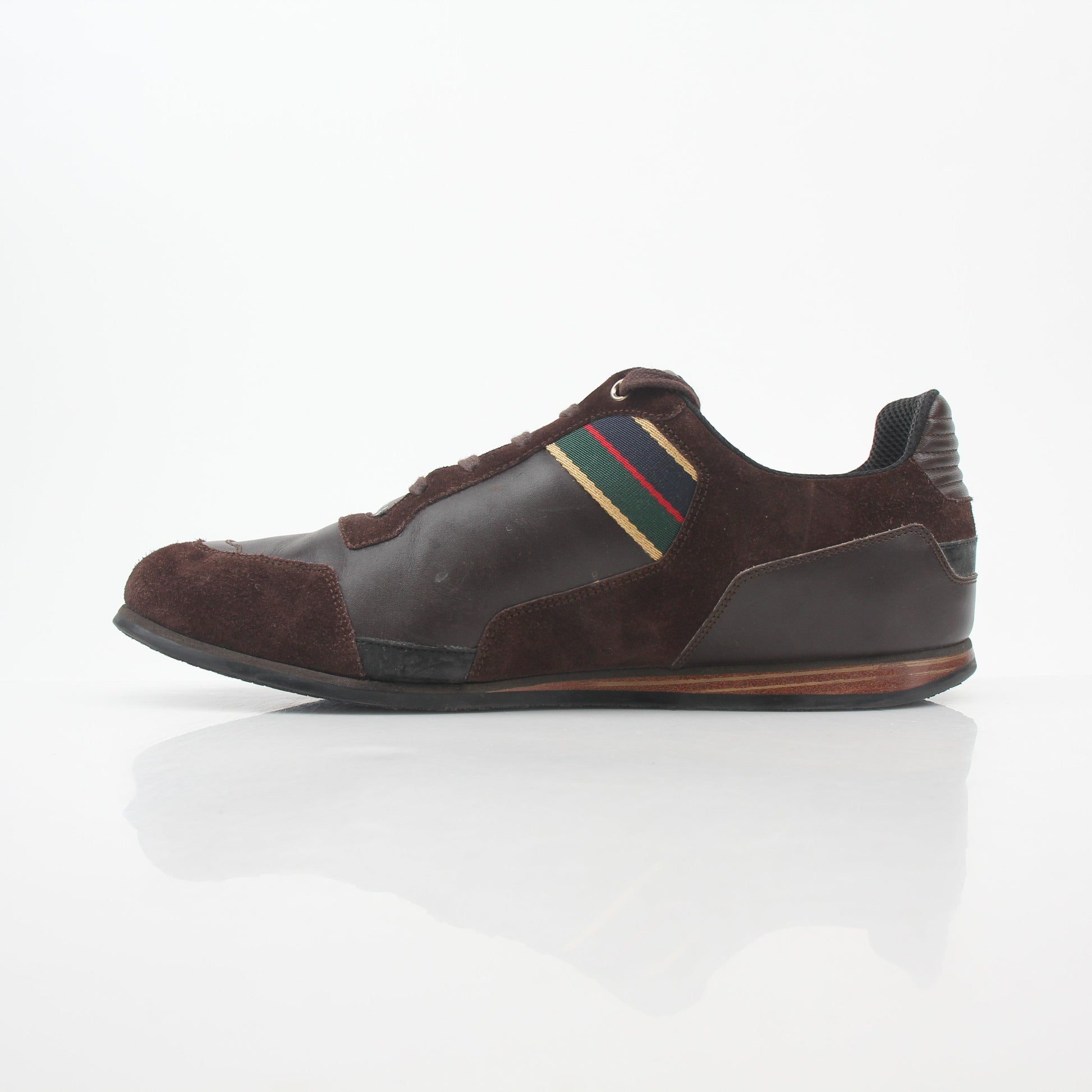 Gold & Beyond Gucci brown Web accent leather and suede low-top sneakers, featuring stylish design and comfortable fit.