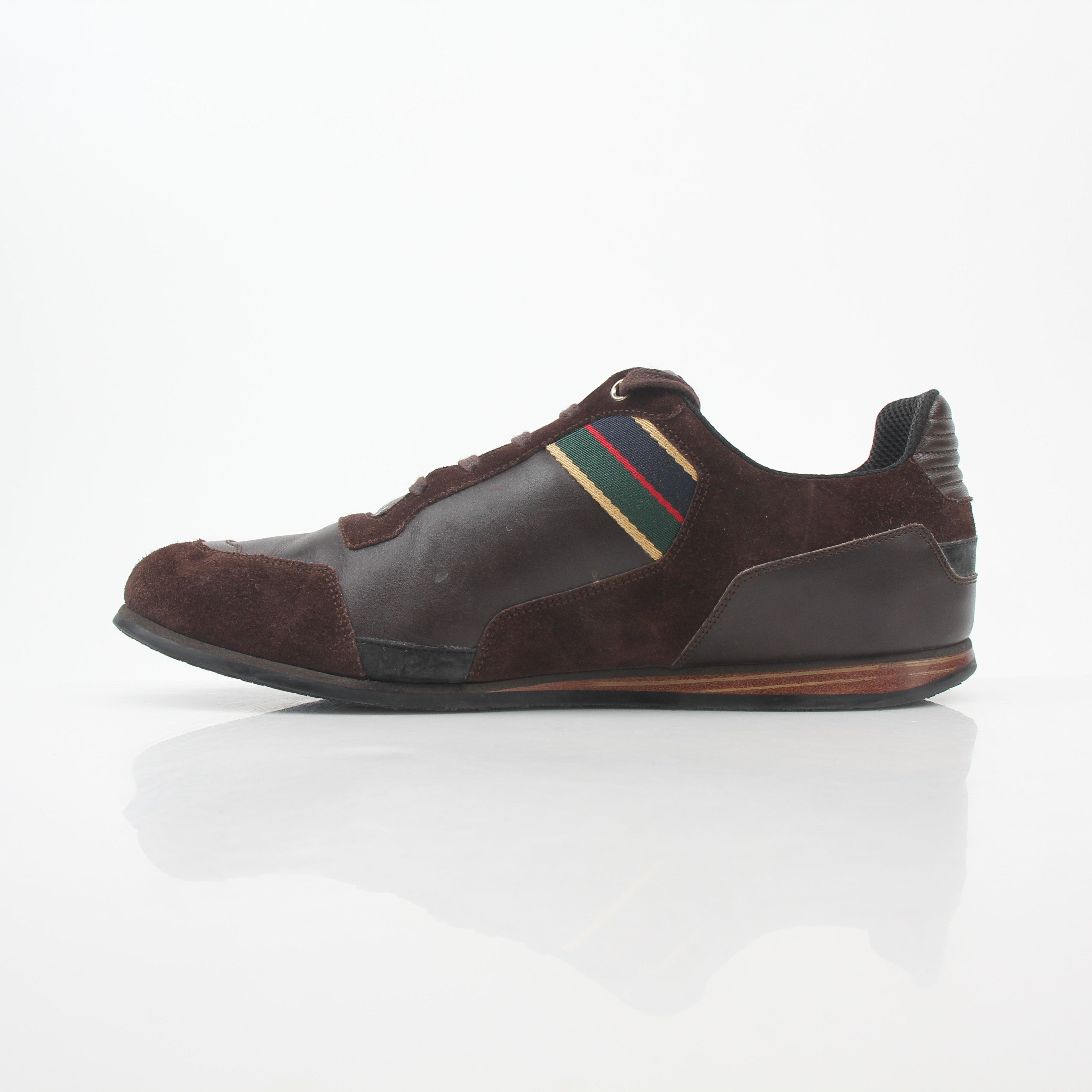 Gold & Beyond Gucci brown Web accent leather and suede low-top sneakers, featuring stylish design and comfortable fit.