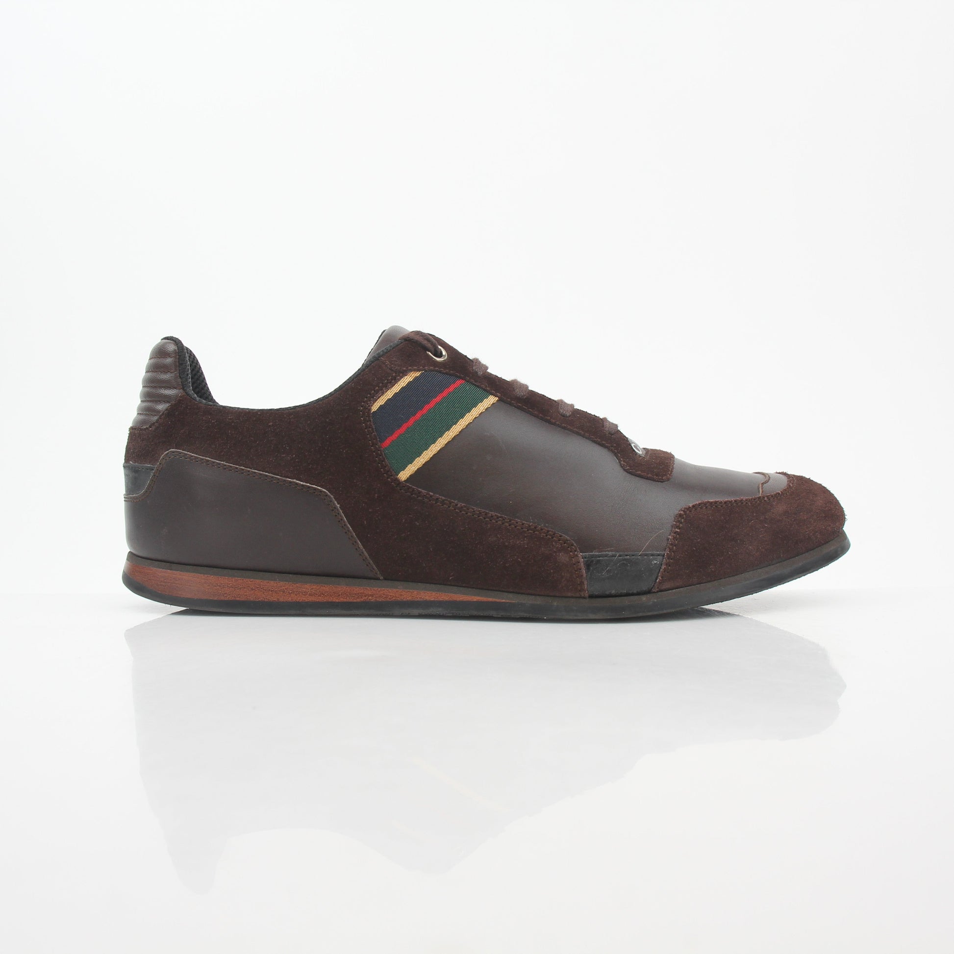 Gold & Beyond Gucci Brown Web Accent leather and suede low-top sneakers with stylish design and signature branding.