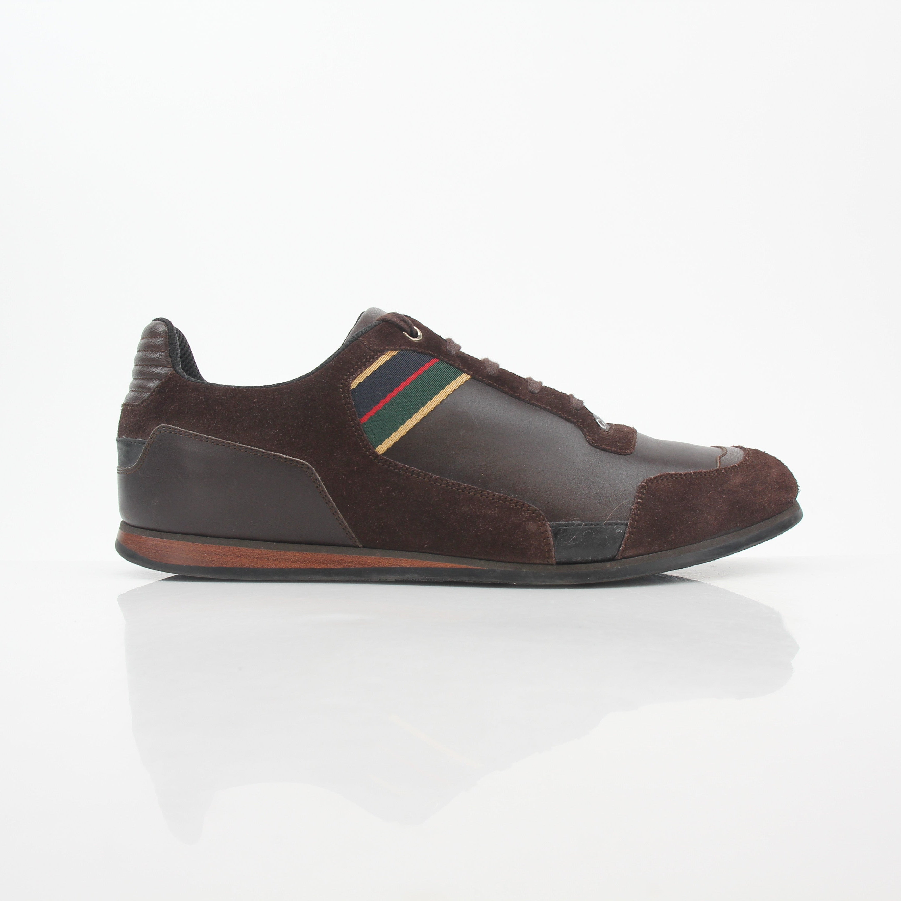 Gold & Beyond Gucci Brown Web Accent leather and suede low-top sneakers with stylish design and signature branding.