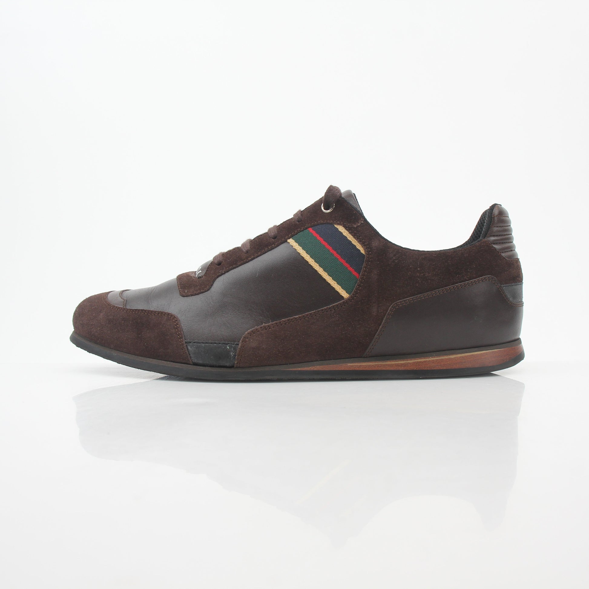 Gucci brown Web accent leather and suede low-top sneakers with white rubber soles and stylish detailing.