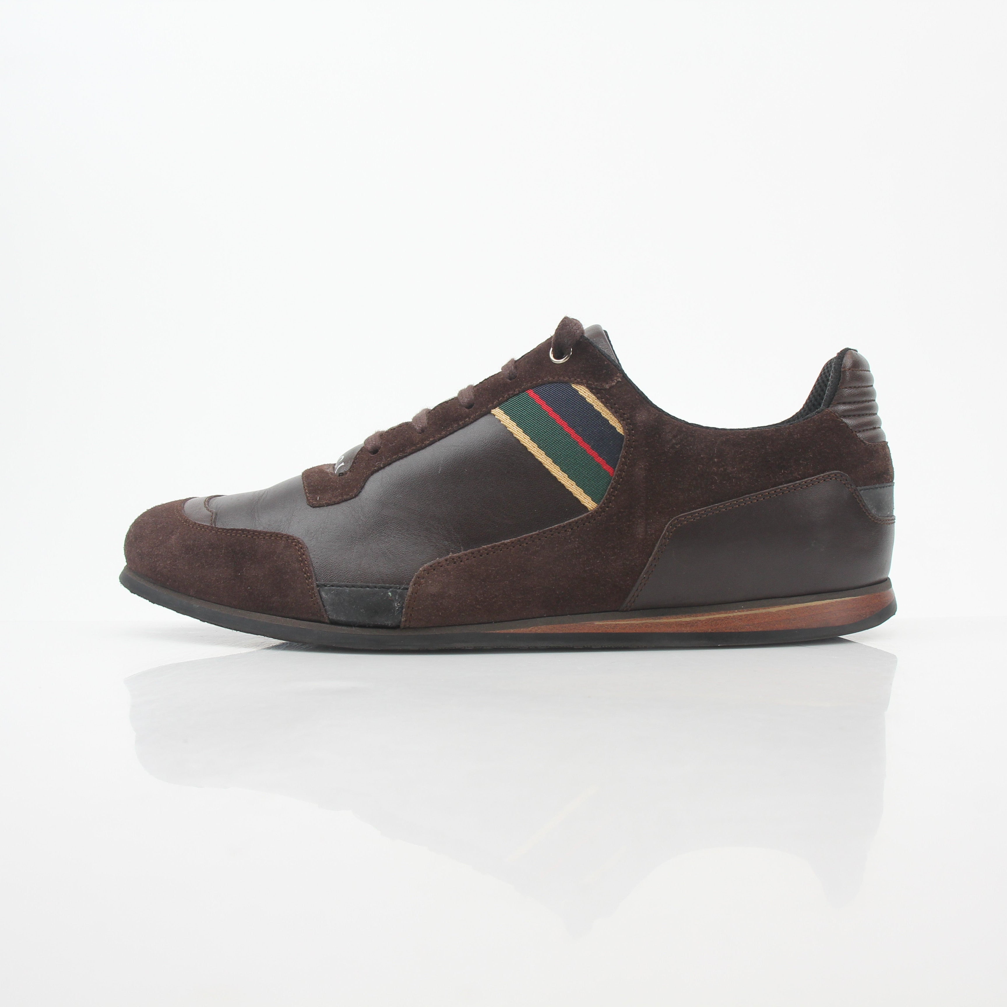 Gucci brown Web accent leather and suede low-top sneakers with white rubber soles and stylish detailing.