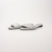 Fendi women's crystal-embellished signature slides, gold-tone shoes with sparkling crystal details, stylish and comfortable footwear.