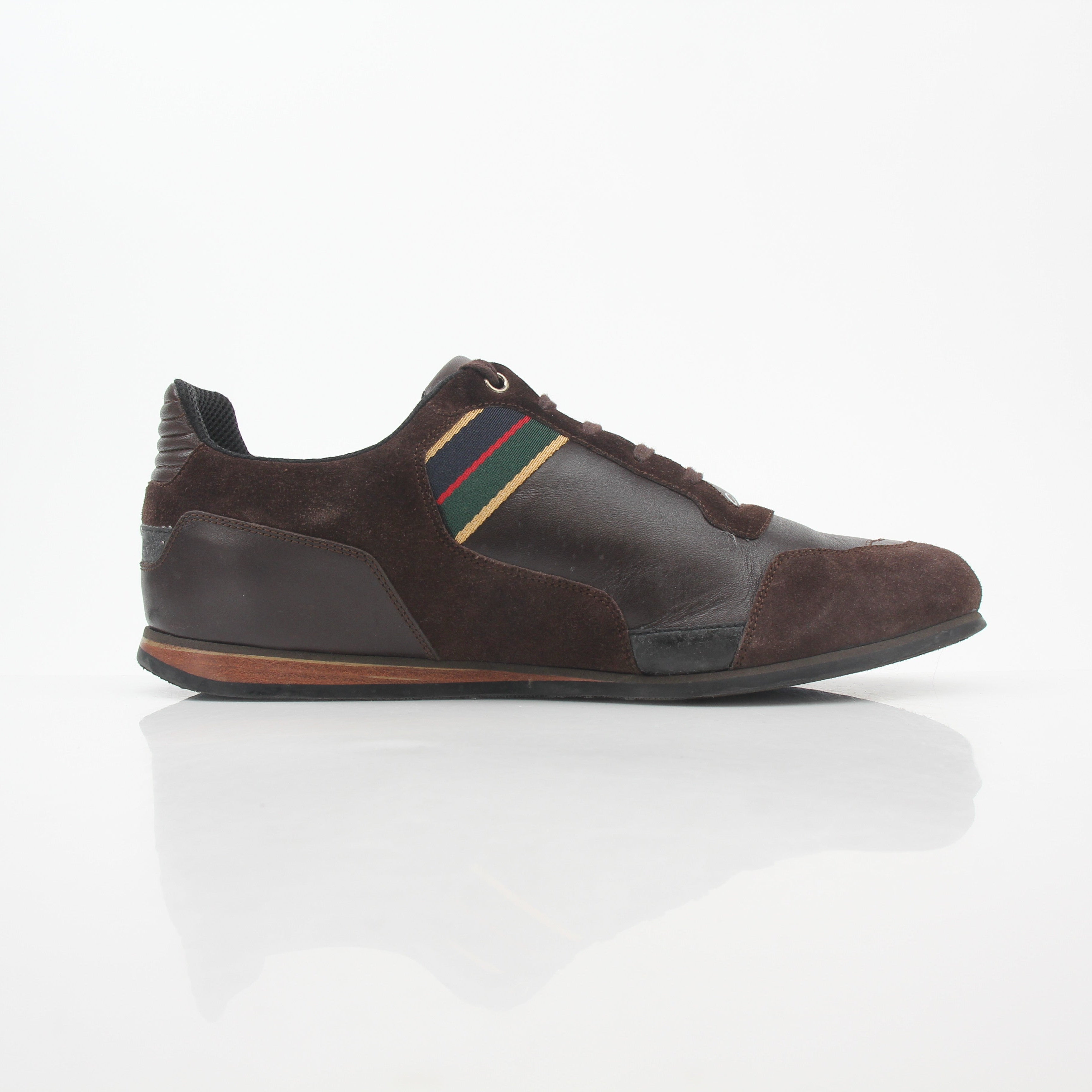 Gucci brown leather and suede low-top sneakers with Web accent, featuring stylish design and casual sneaker style.