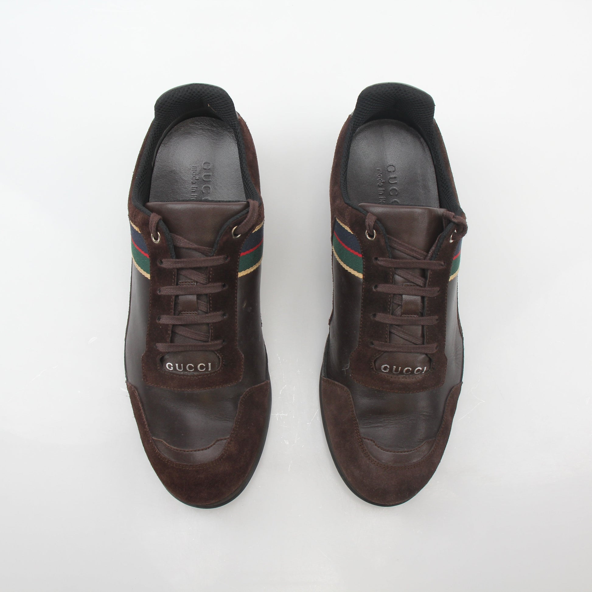 Gold & Beyond Gucci brown web accent leather and suede low-top sneakers, stylish shoes with iconic design details.