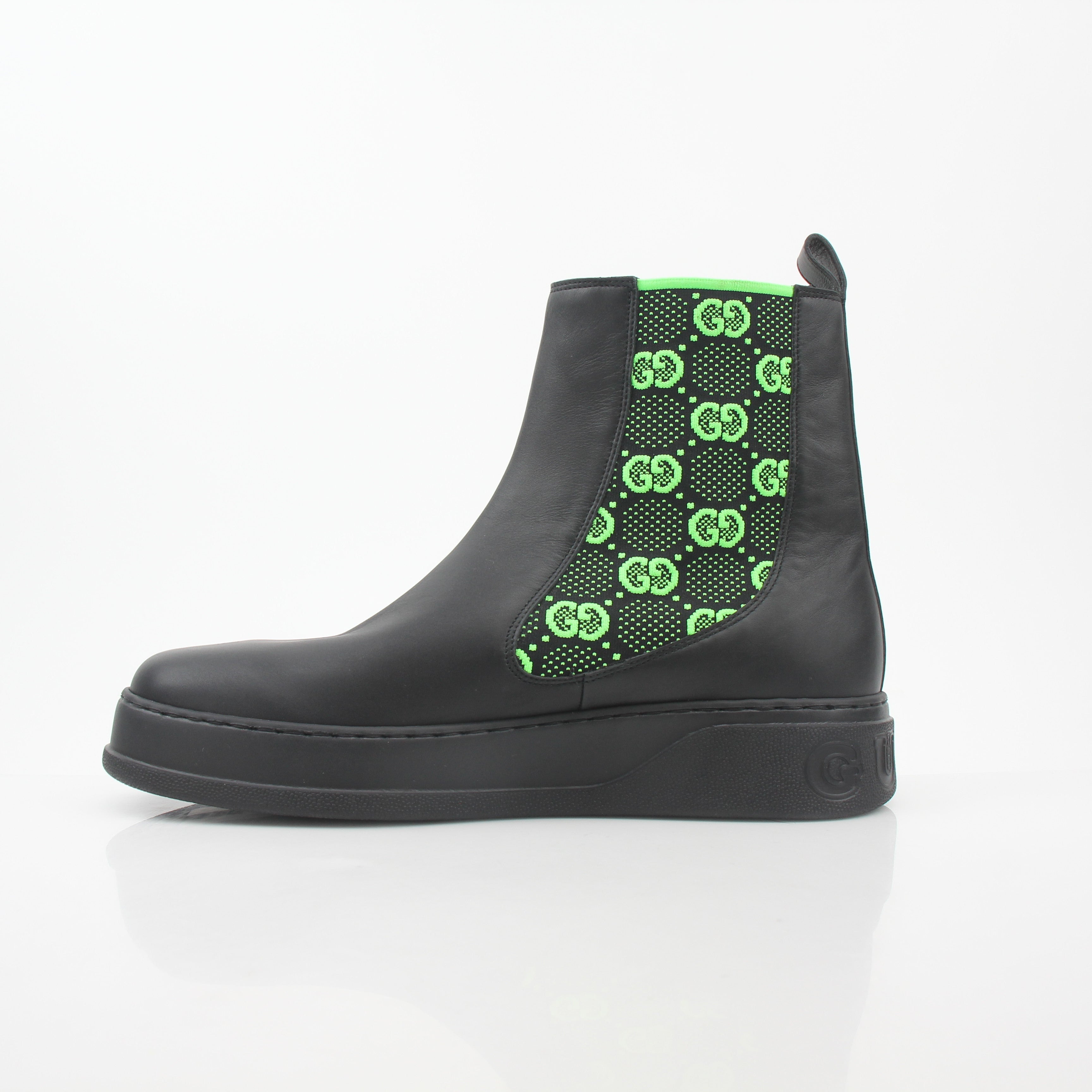 Gucci black and neon green GG Dali ankle shoes by Gold & Beyond, featuring bold color accents and stylish ankle boot design.