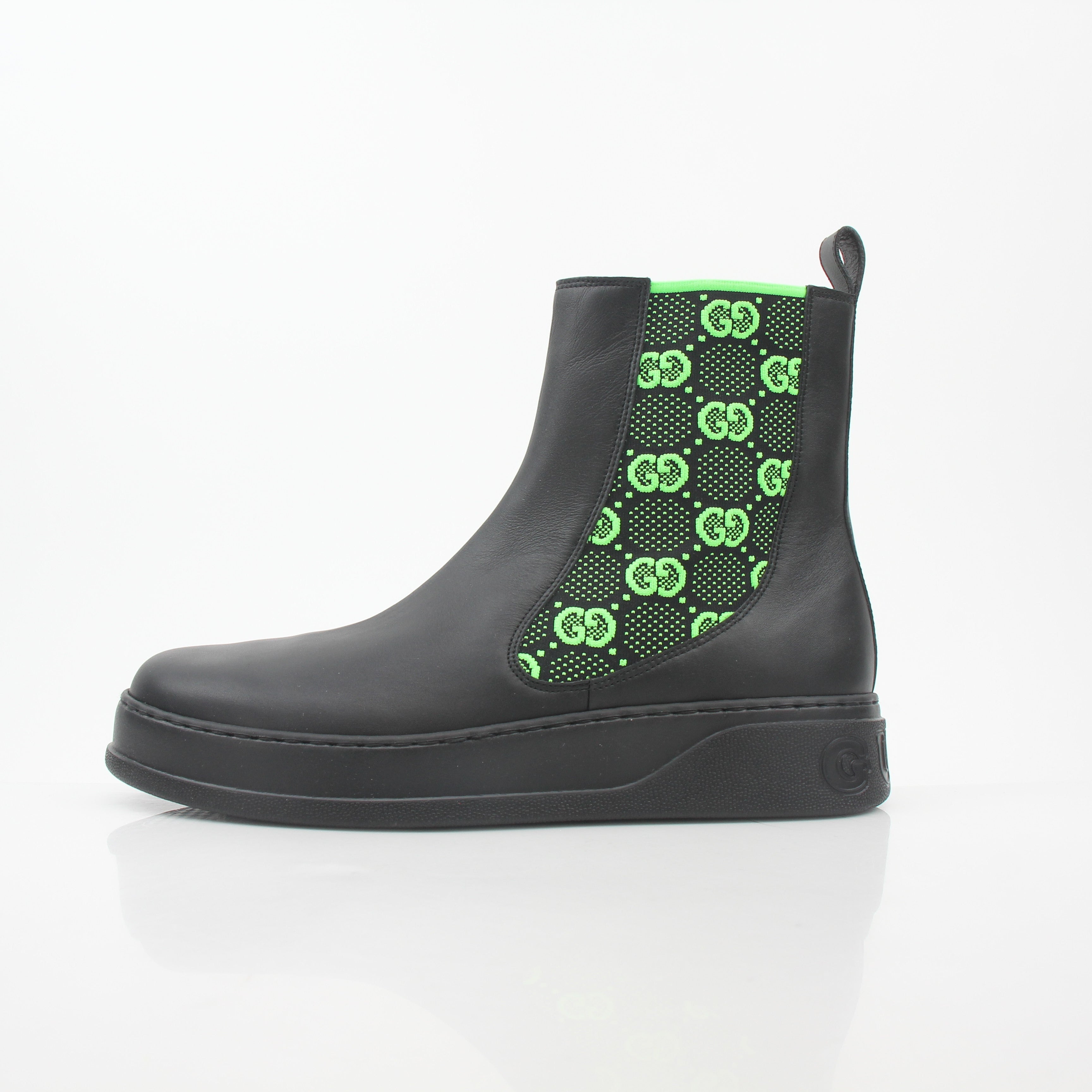 Gucci black and neon green GG Dali ankle boots featuring bold color contrast and stylish design, part of Gold & Beyond shoes collection.