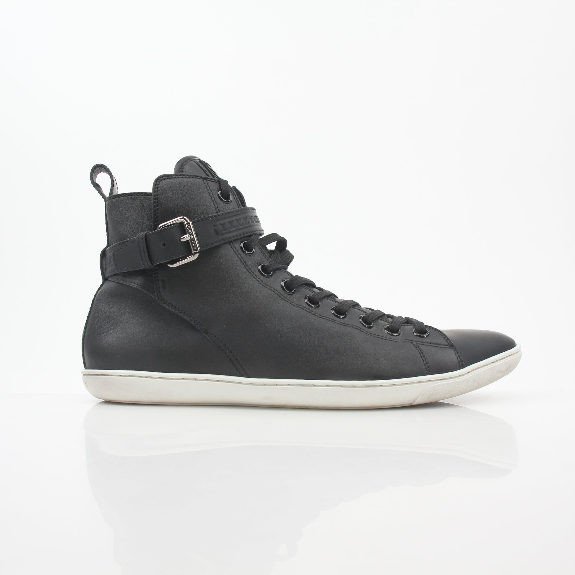 Louis Vuitton black Falcon high-top sneakers by Gold & Beyond, featuring sleek design and stylish sneaker details.