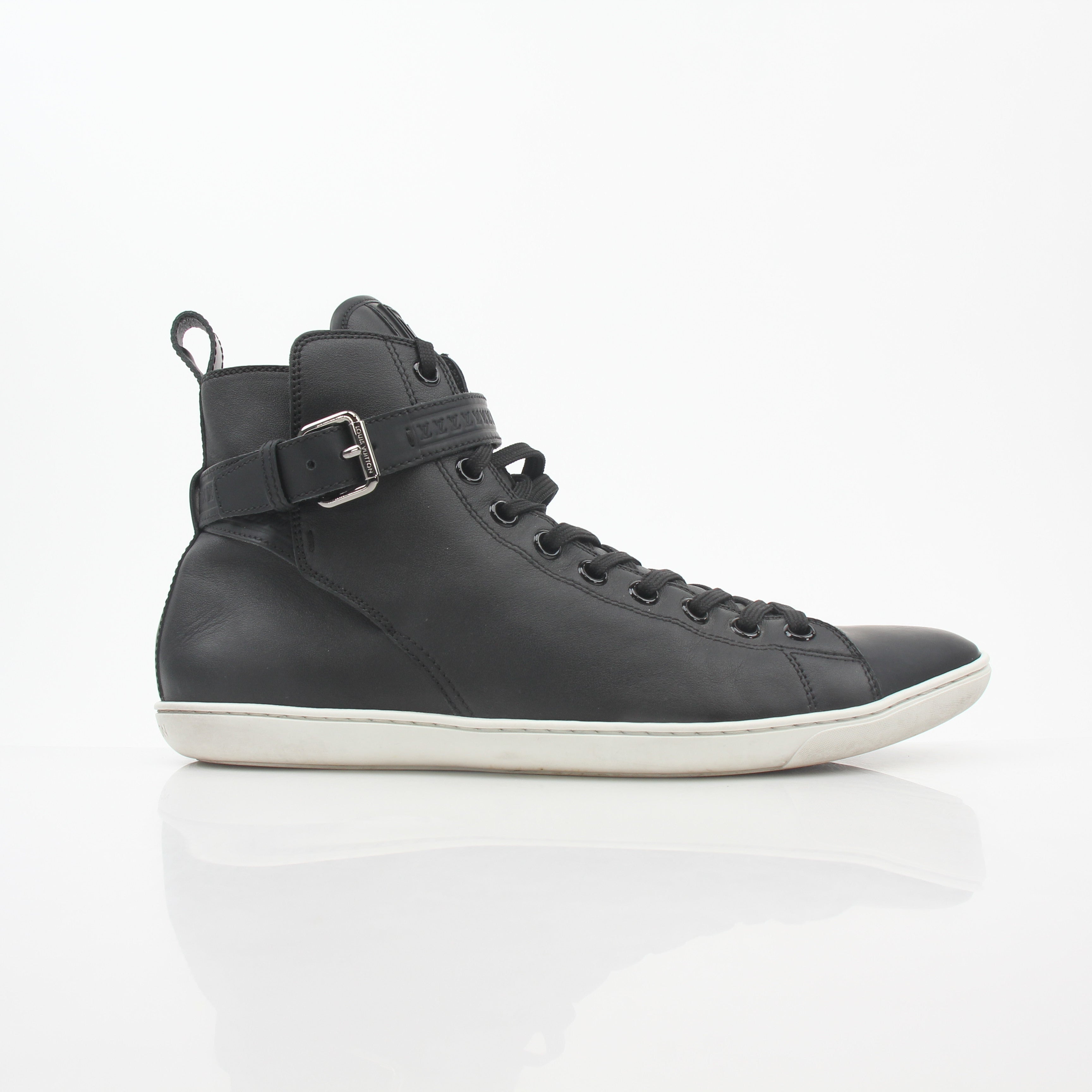 Louis Vuitton black Falcon high-top sneakers by Gold & Beyond, featuring sleek design and stylish sneaker details.