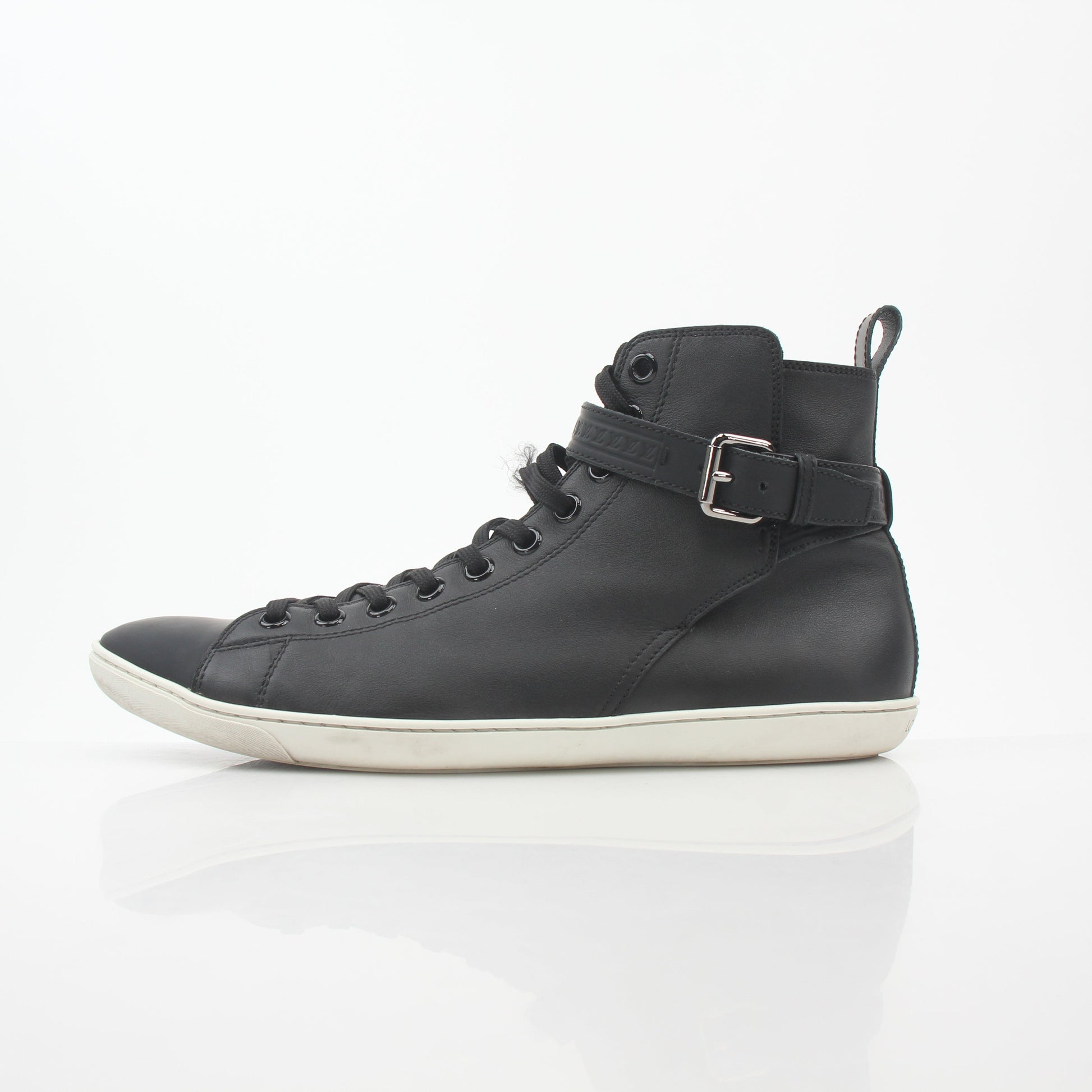 Louis Vuitton Black Falcon high-top sneakers by Gold & Beyond with black leather and stylish design, displayed on a white background.