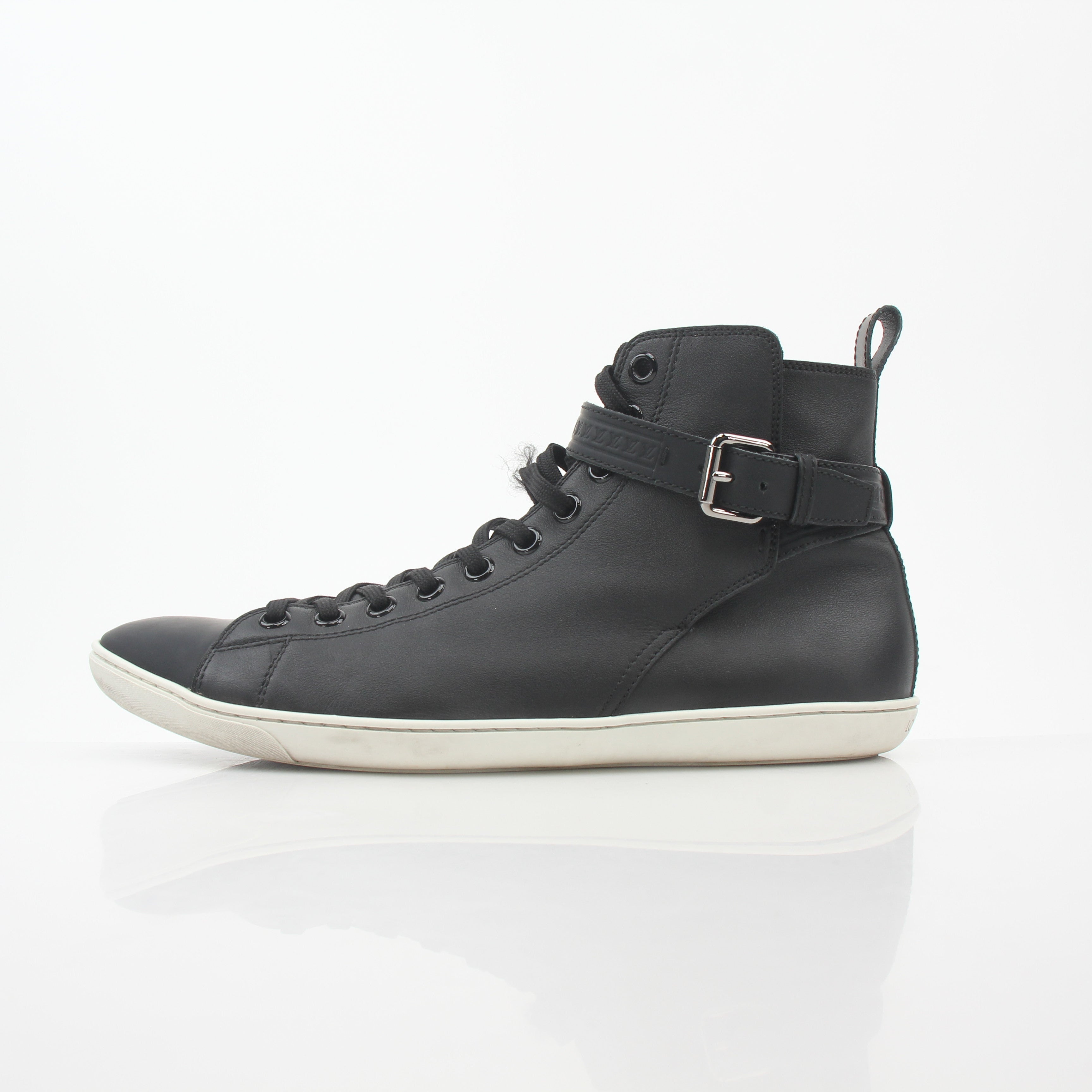 Louis Vuitton Black Falcon high-top sneakers by Gold & Beyond with black leather and stylish design, displayed on a white background.
