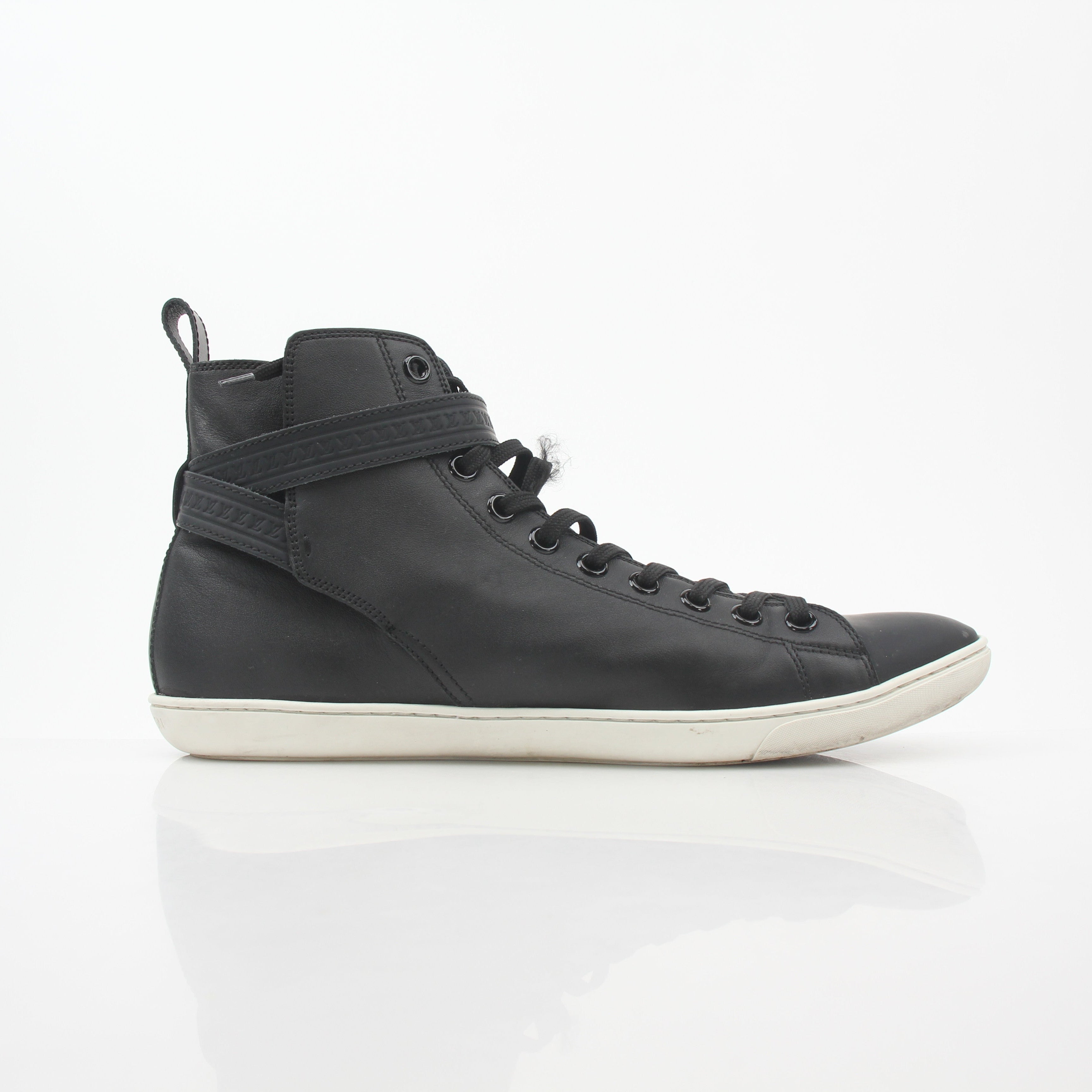 Louis Vuitton Black Falcon high-top sneakers by Gold & Beyond, featuring black leather and distinctive design details.