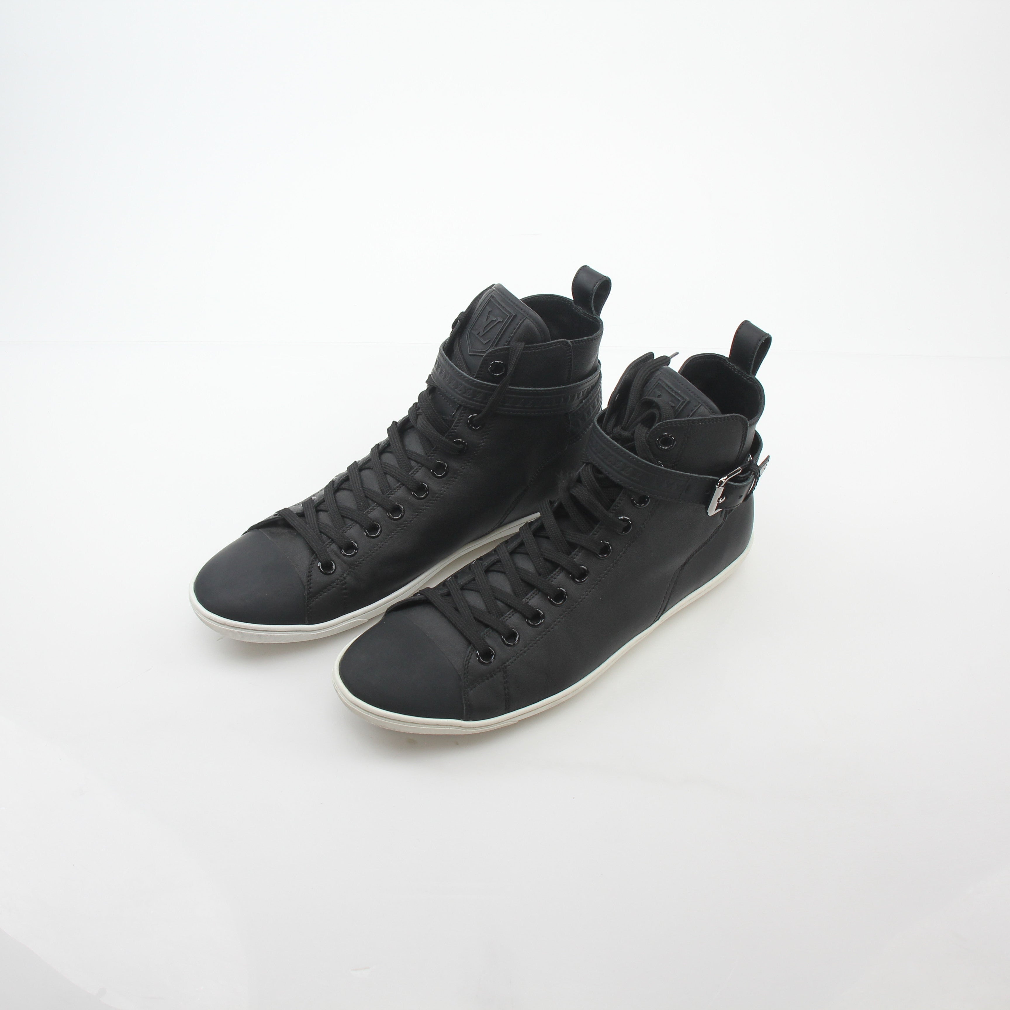 Louis Vuitton black Falcon high-top sneakers by Gold & Beyond, featuring sleek black leather and stylish high-top design.