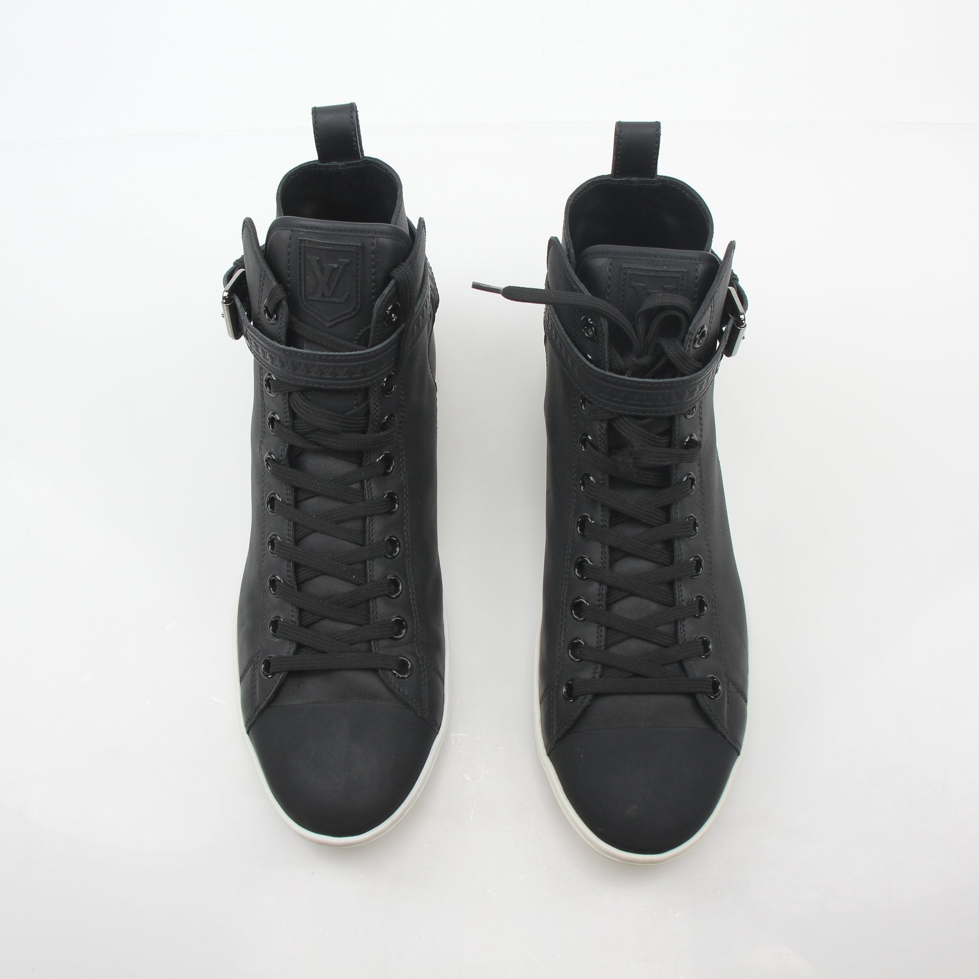 Black Louis Vuitton Falcon high-top sneakers by Gold & Beyond, featuring sleek design and stylish laces.