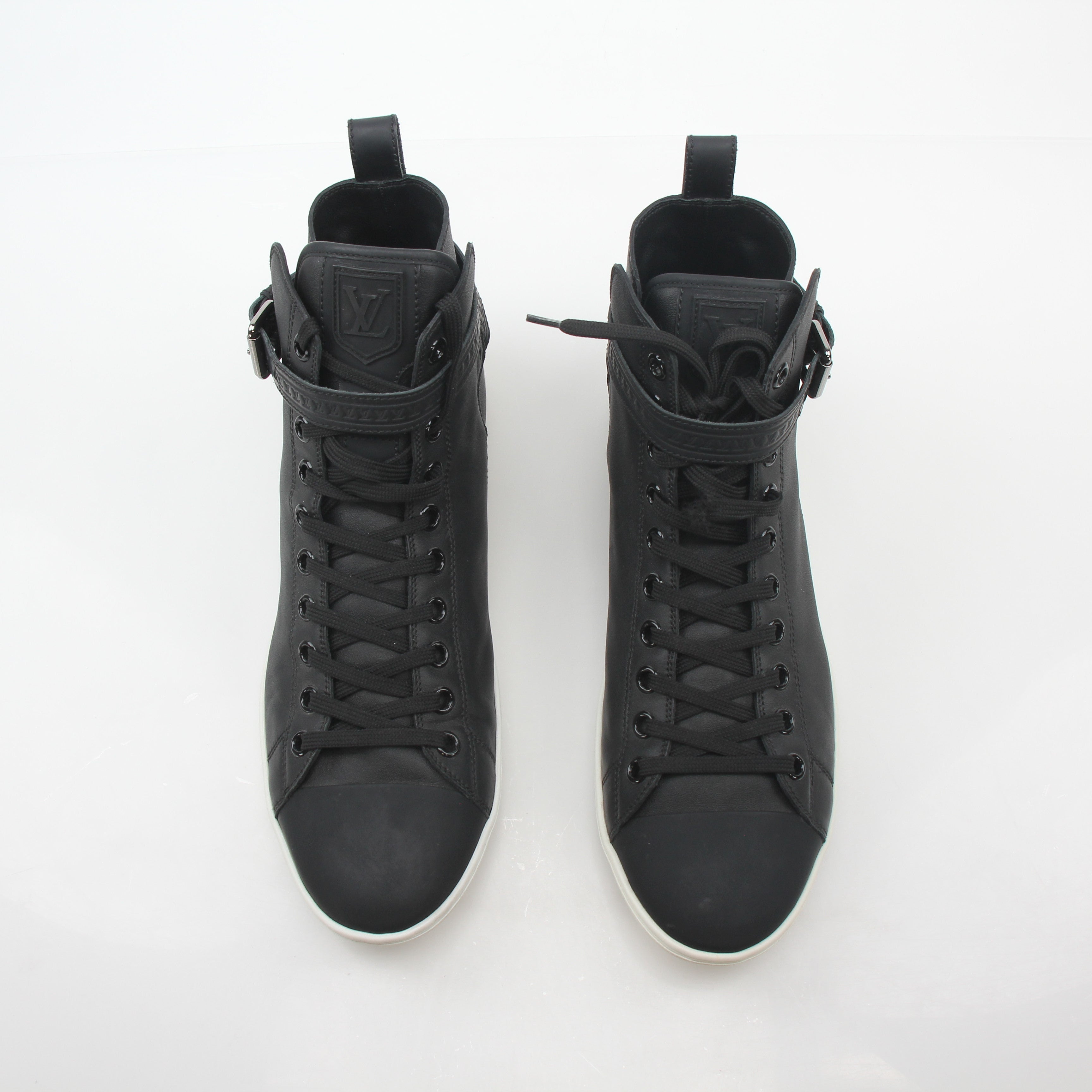 Black Louis Vuitton Falcon high-top sneakers by Gold & Beyond, featuring sleek design and stylish laces.