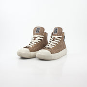 Gold & Beyond Versace brown logo jacquard Greca high-top sneakers with signature pattern and high-top design, close-up view.