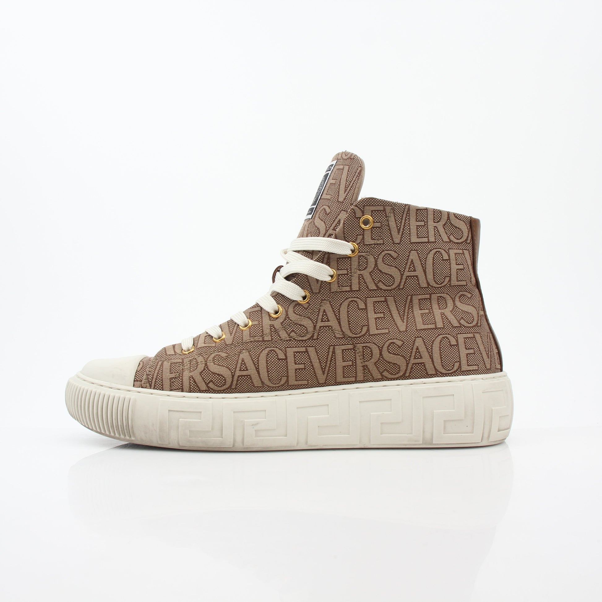 Gold & Beyond Versace brown logo jacquard Greca high-top sneakers with detailed branding and stylish design.