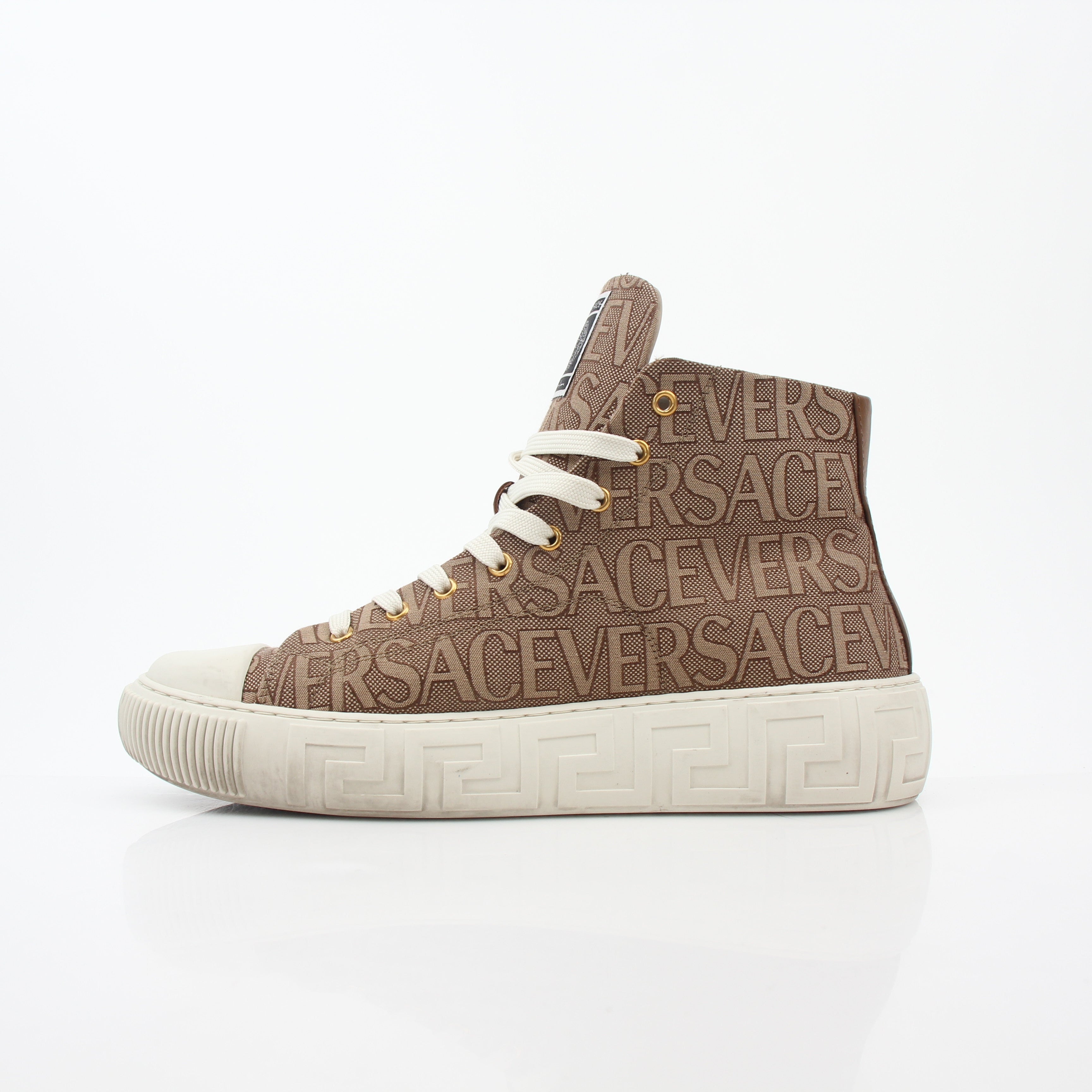 Gold & Beyond Versace brown logo jacquard Greca high-top sneakers with detailed branding and stylish design.