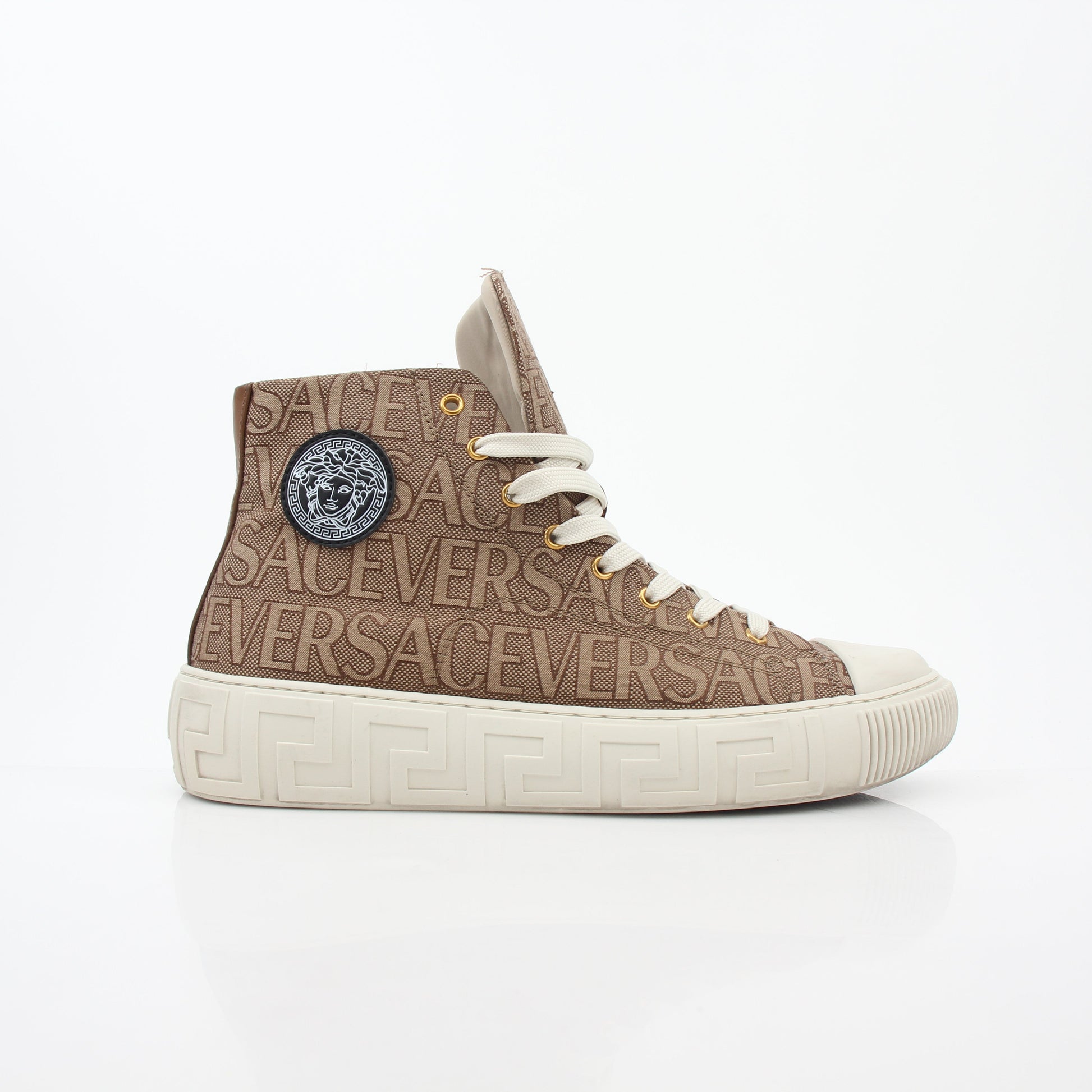 Gold & Beyond Versace Brown Logo Jacquard Greca high-top sneakers featuring signature print and stylish design.