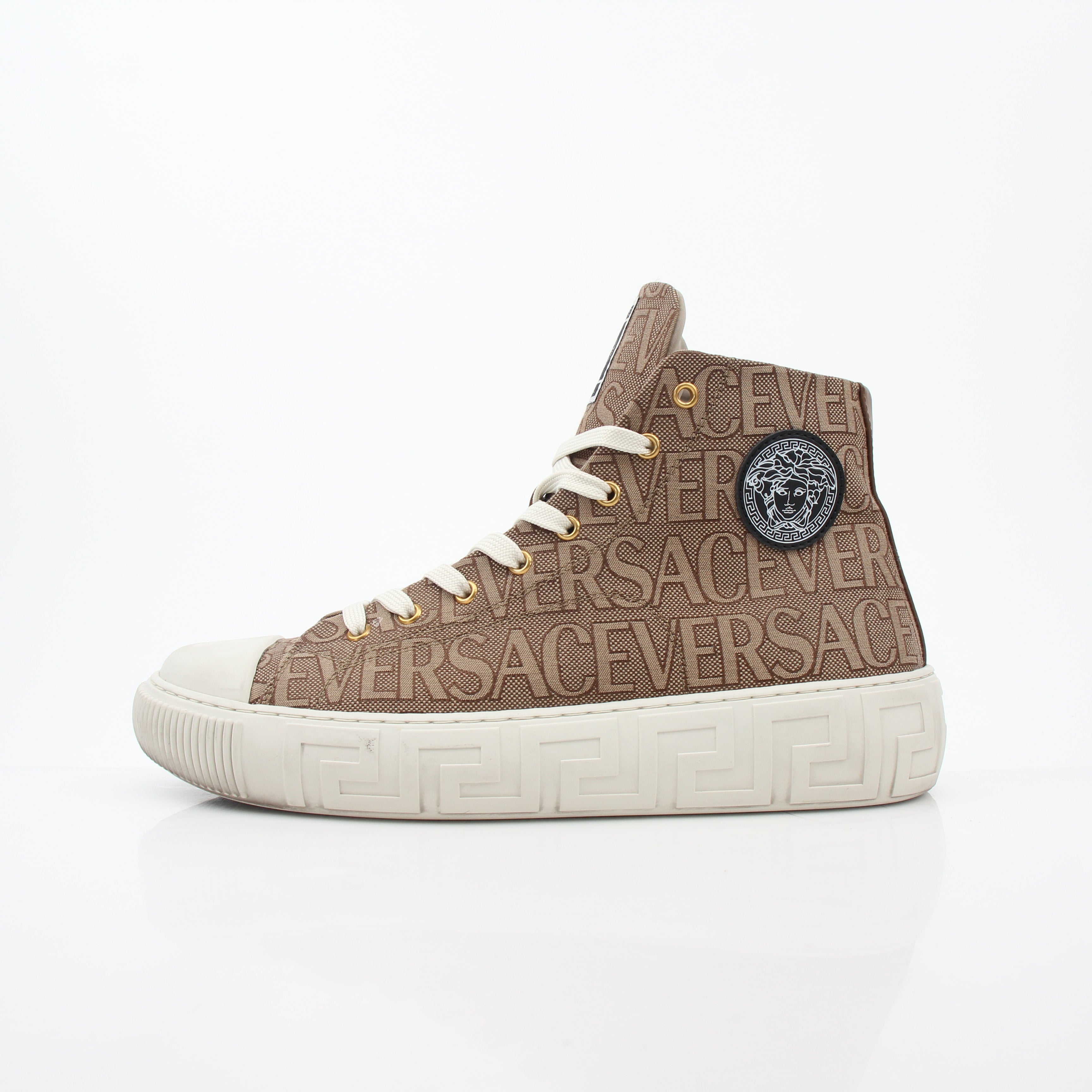 Gold & Beyond Versace brown logo jacquard Greca high-top sneakers with signature pattern and stylish design.