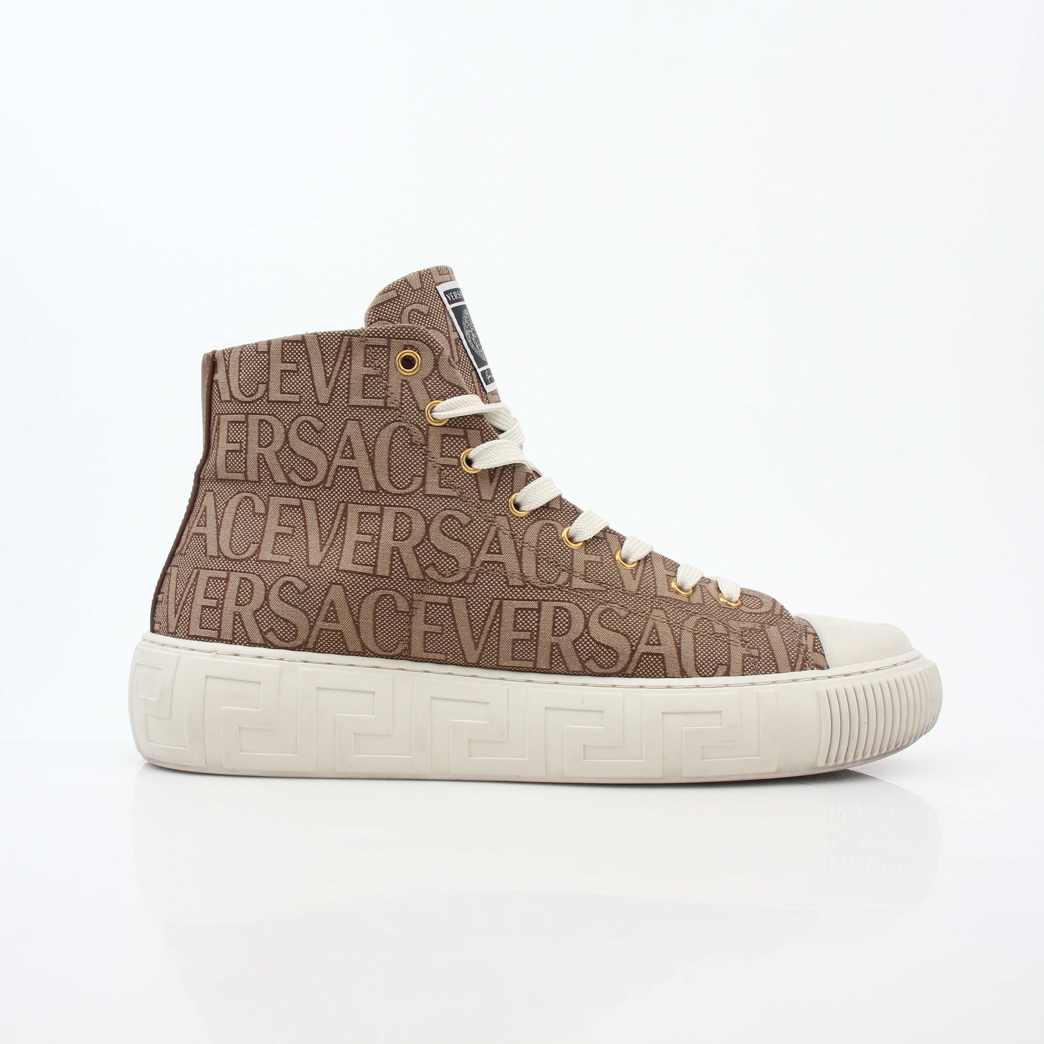 Gold & Beyond Versace brown logo jacquard Greca high-top sneakers with intricate pattern and high-top design.