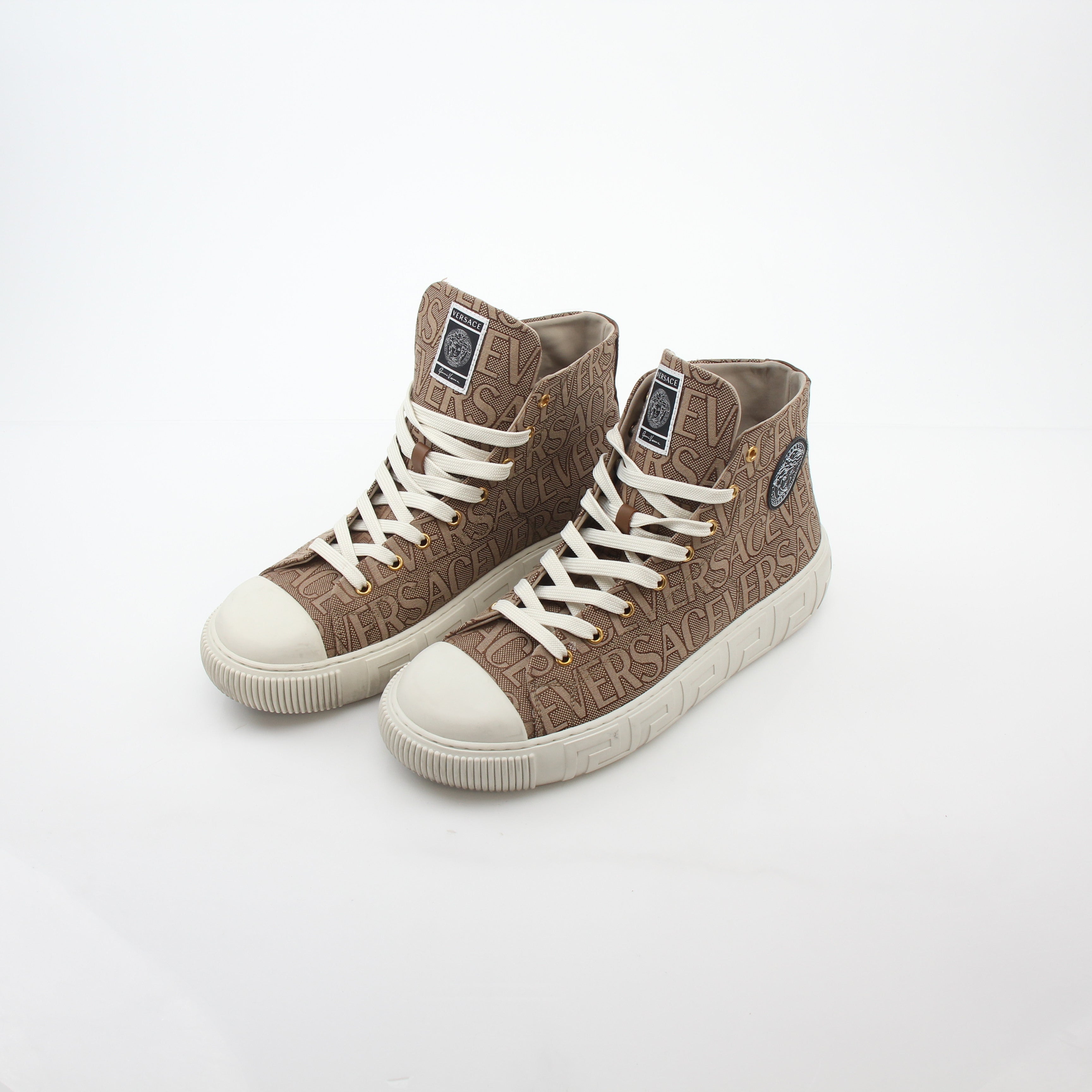 Gold & Beyond Versace brown logo jacquard Greca high-top sneakers with stylish design and high-top silhouette.
