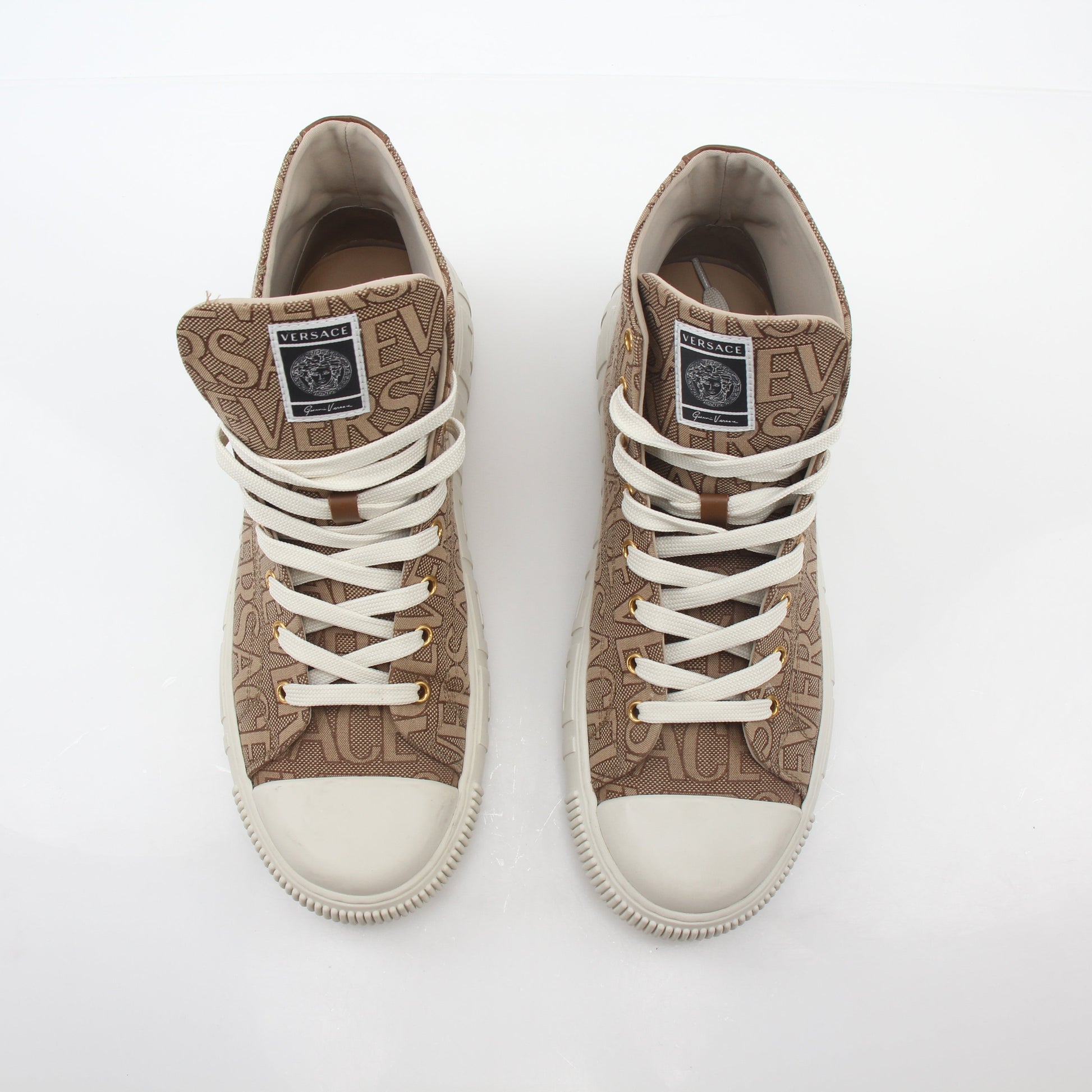 Gold & Beyond Versace brown logo jacquard Greca high-top sneakers with signature pattern and stylish design, visible from the side view.