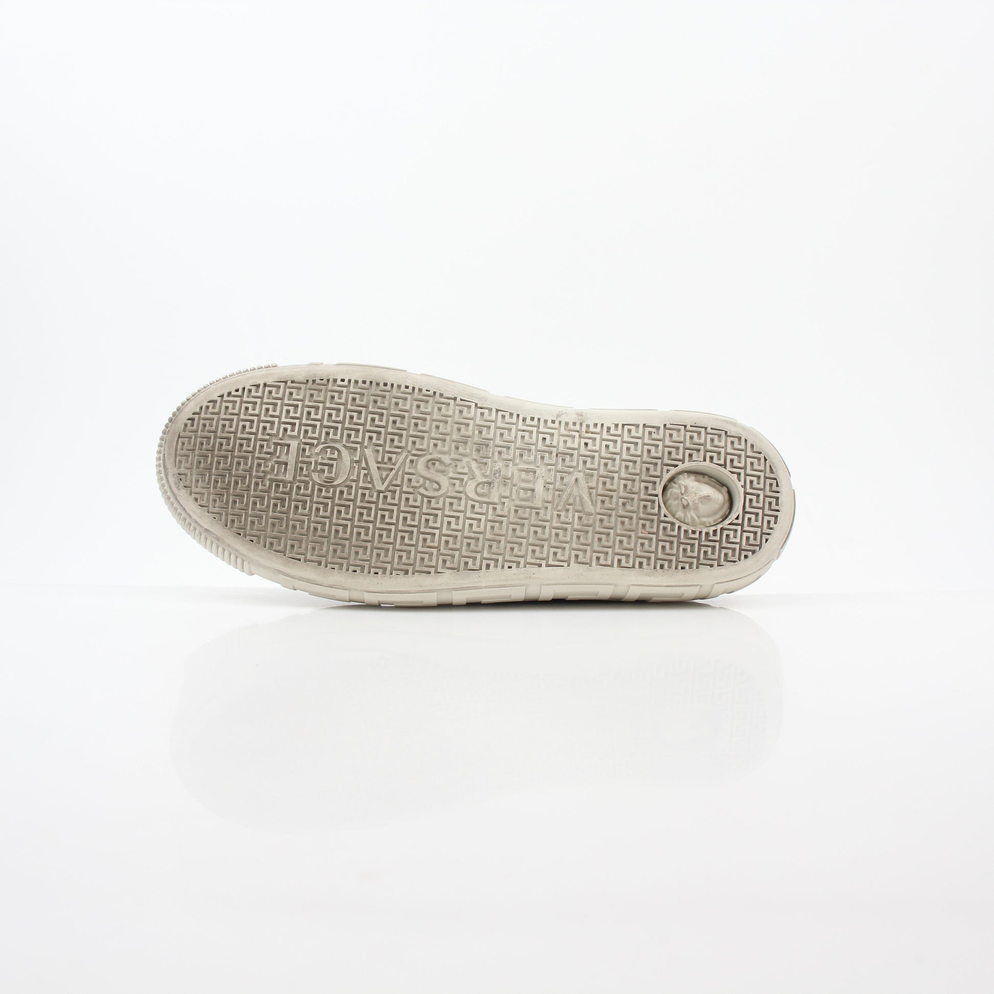 Gold & Beyond Versace brown logo jacquard Greca high-top sneakers with branding and intricate pattern details.