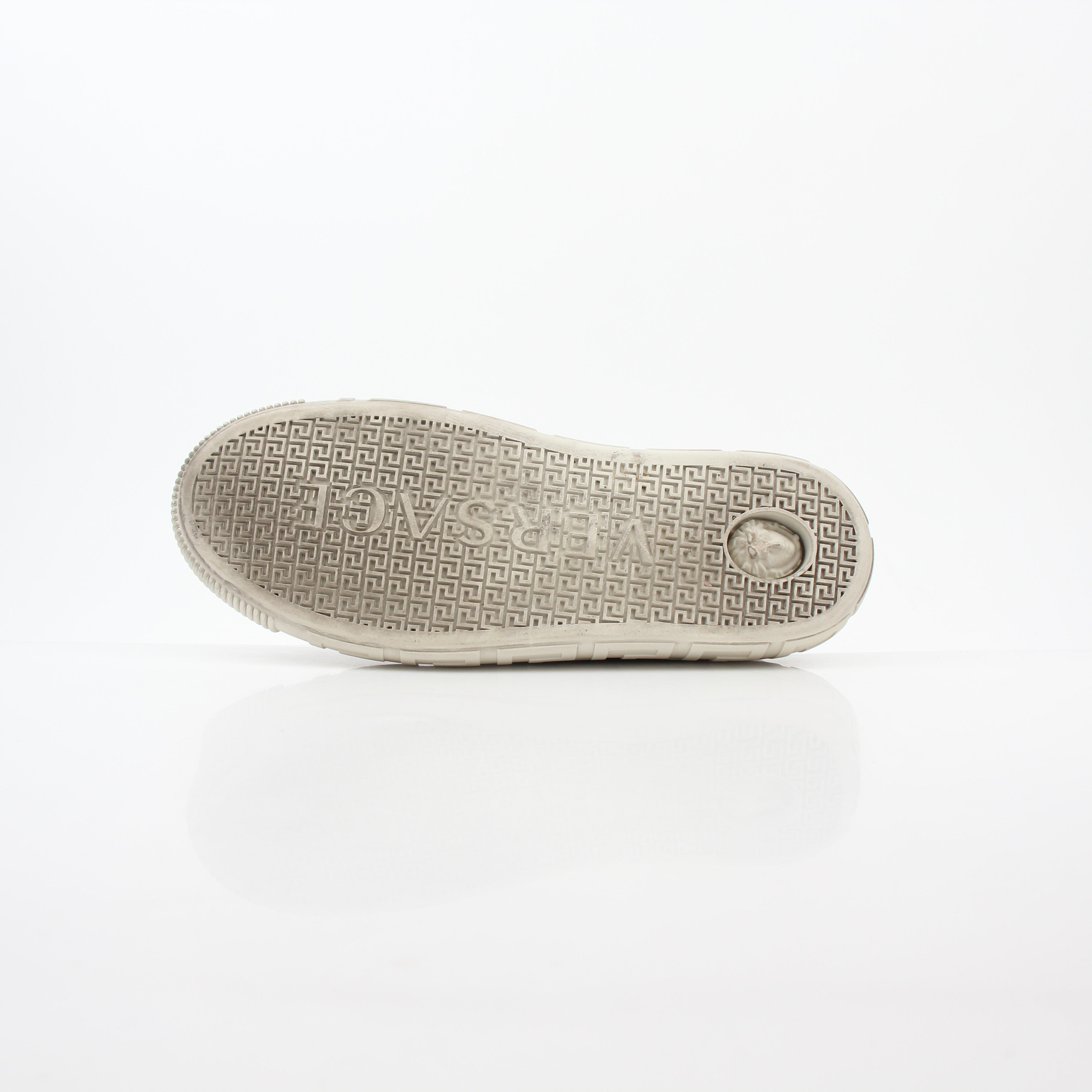 Gold & Beyond Versace brown logo jacquard Greca high-top sneakers with branding and intricate pattern details.