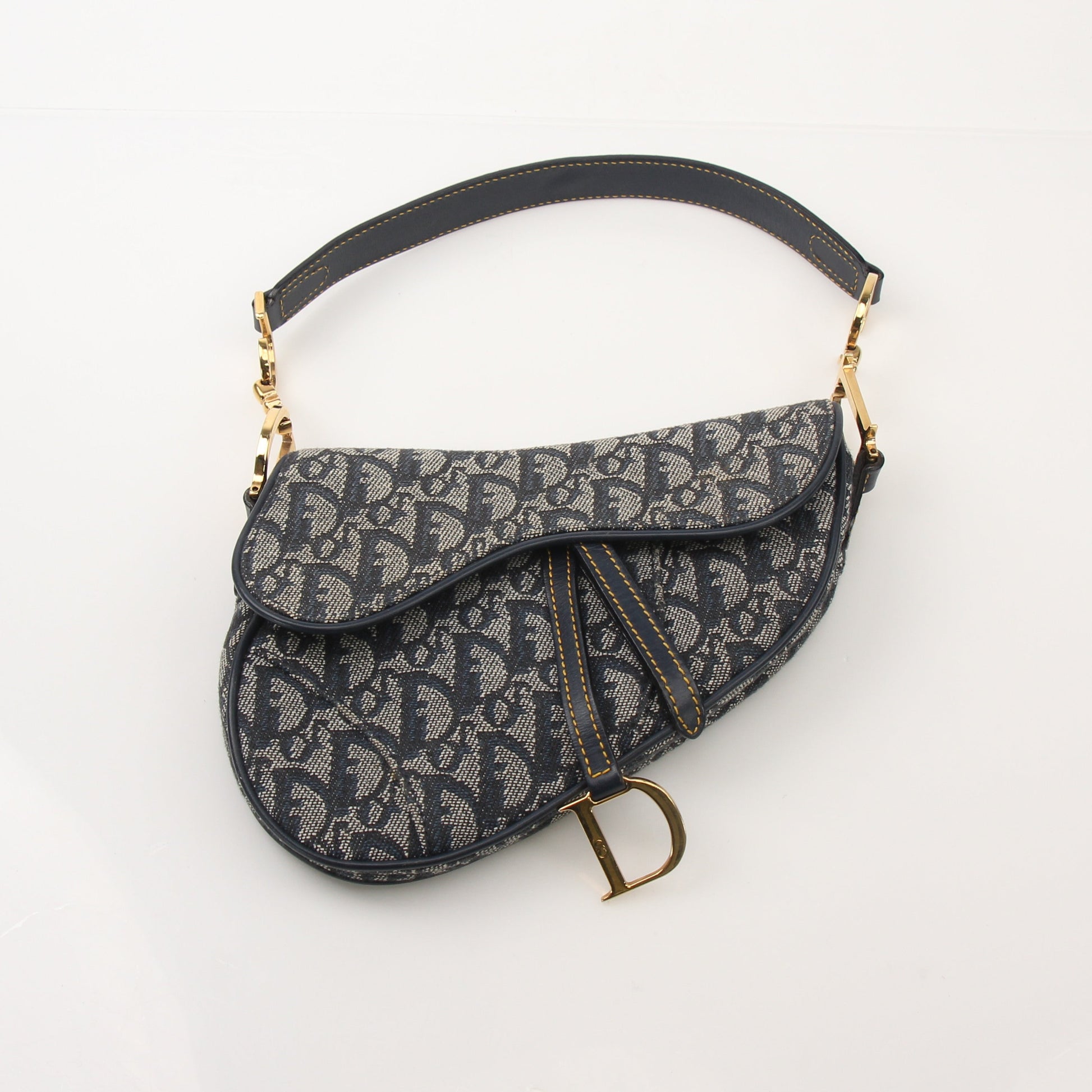 Gold & Beyond Christian Dior Mini Saddle Bag handbag with gold-tone hardware and adjustable strap, stylish and compact accessory.