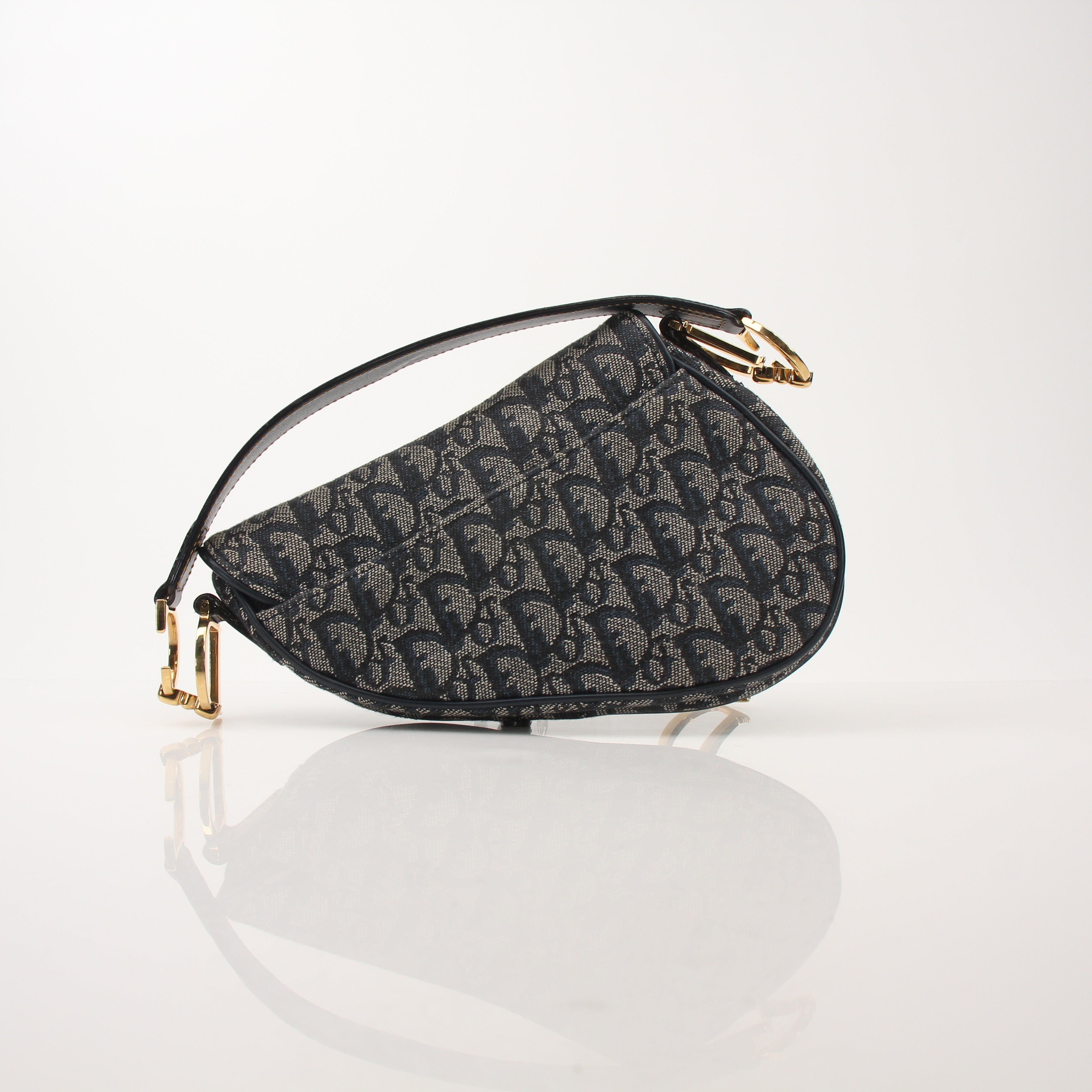 Christian Dior Mini Saddle Bag handbag with gold hardware, featuring a sleek design and adjustable strap.