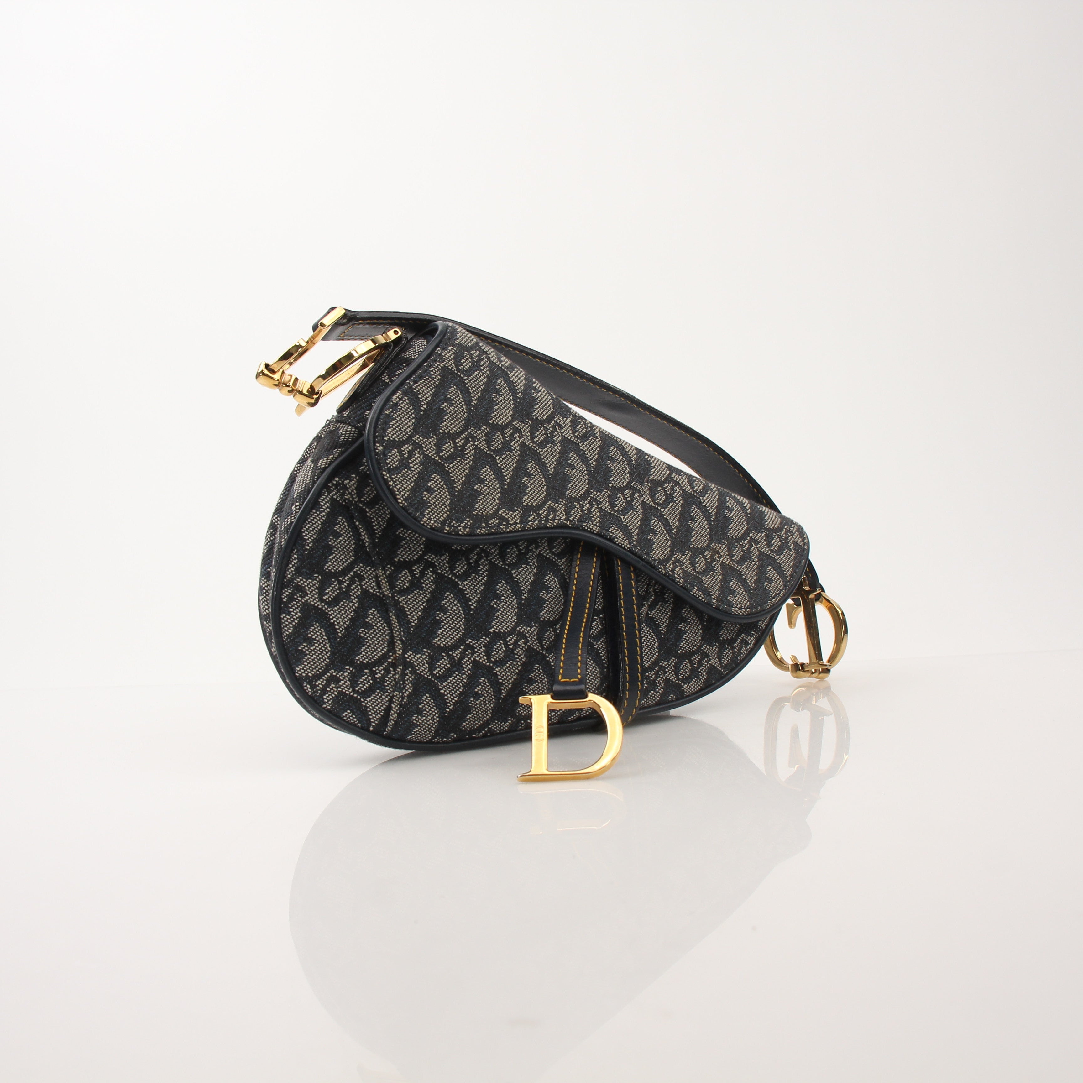 Gold & Beyond Christian Dior Mini Saddle Bag handbag with gold-tone hardware and adjustable strap on a neutral background.