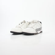 White Off-White Out Of Office graffiti logo sneakers featuring stylish design and brand detailing, displayed on a plain background.