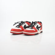 Off-White Out Of Office sneakers in red, white, and black with stylish design, displayed on a plain background.