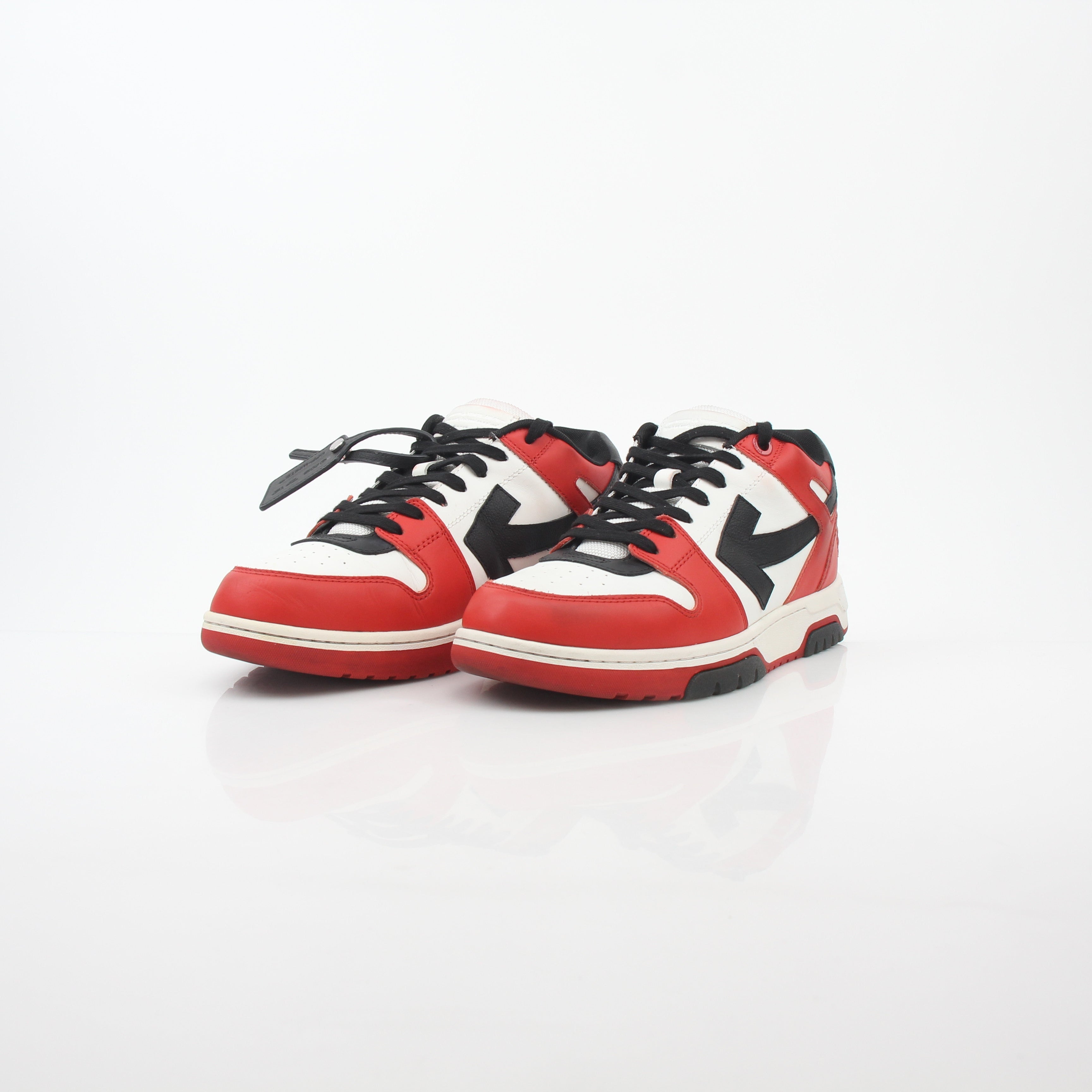 Off-White Out Of Office sneakers in red, white, and black with stylish design, displayed on a plain background.