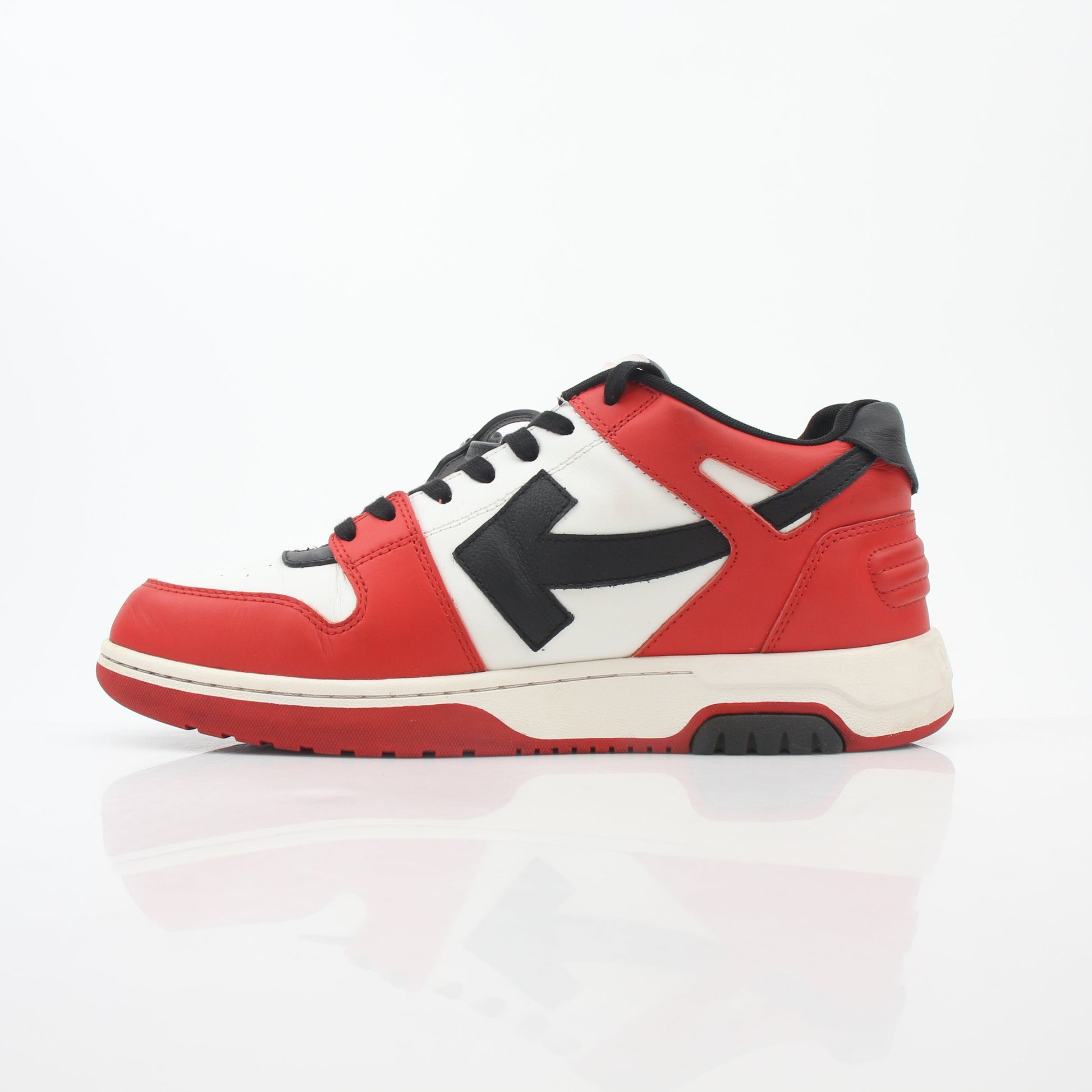 Off-White red, white, and black Out Of Office sneakers by Gold & Beyond, featuring stylish shoe design and bold color accents.