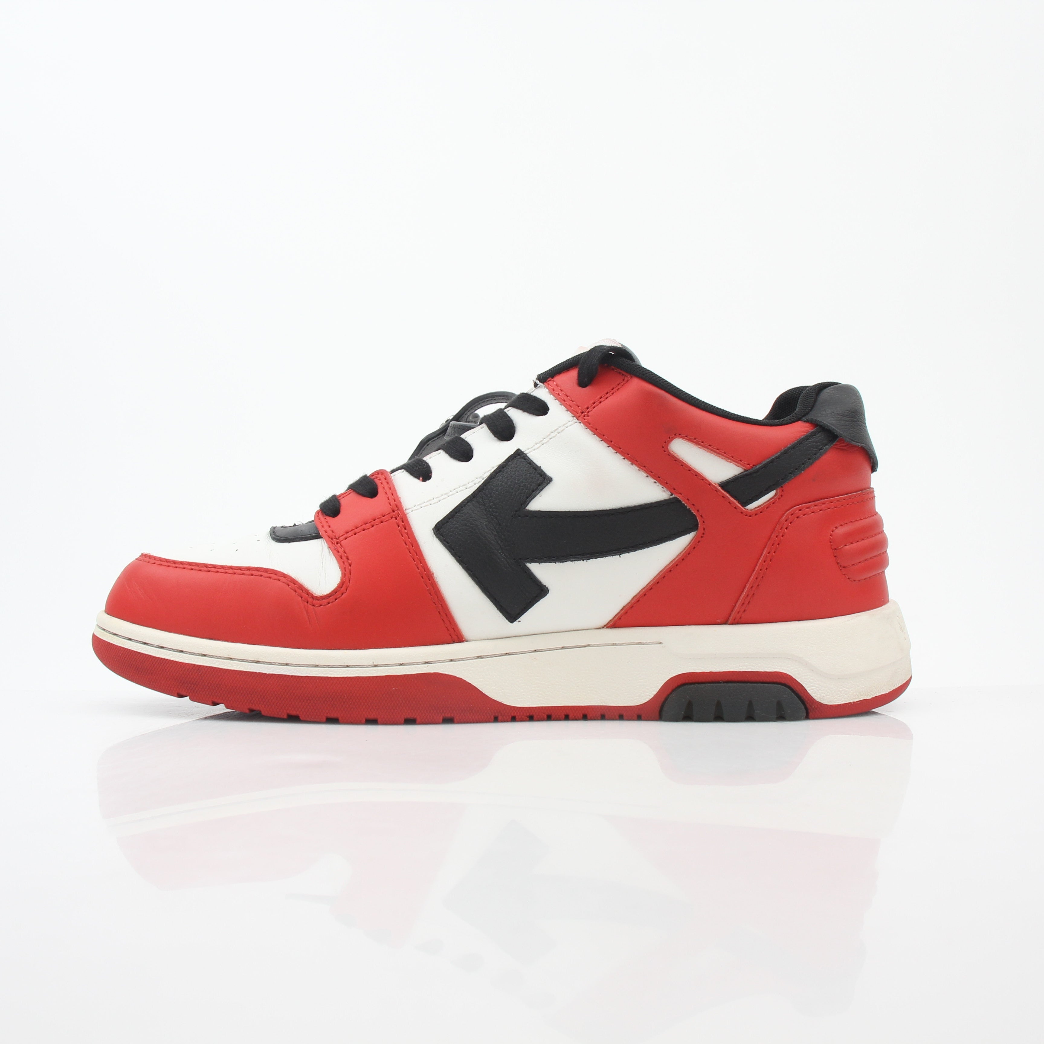 Off-White red, white, and black Out Of Office sneakers by Gold & Beyond, featuring stylish shoe design and bold color accents.