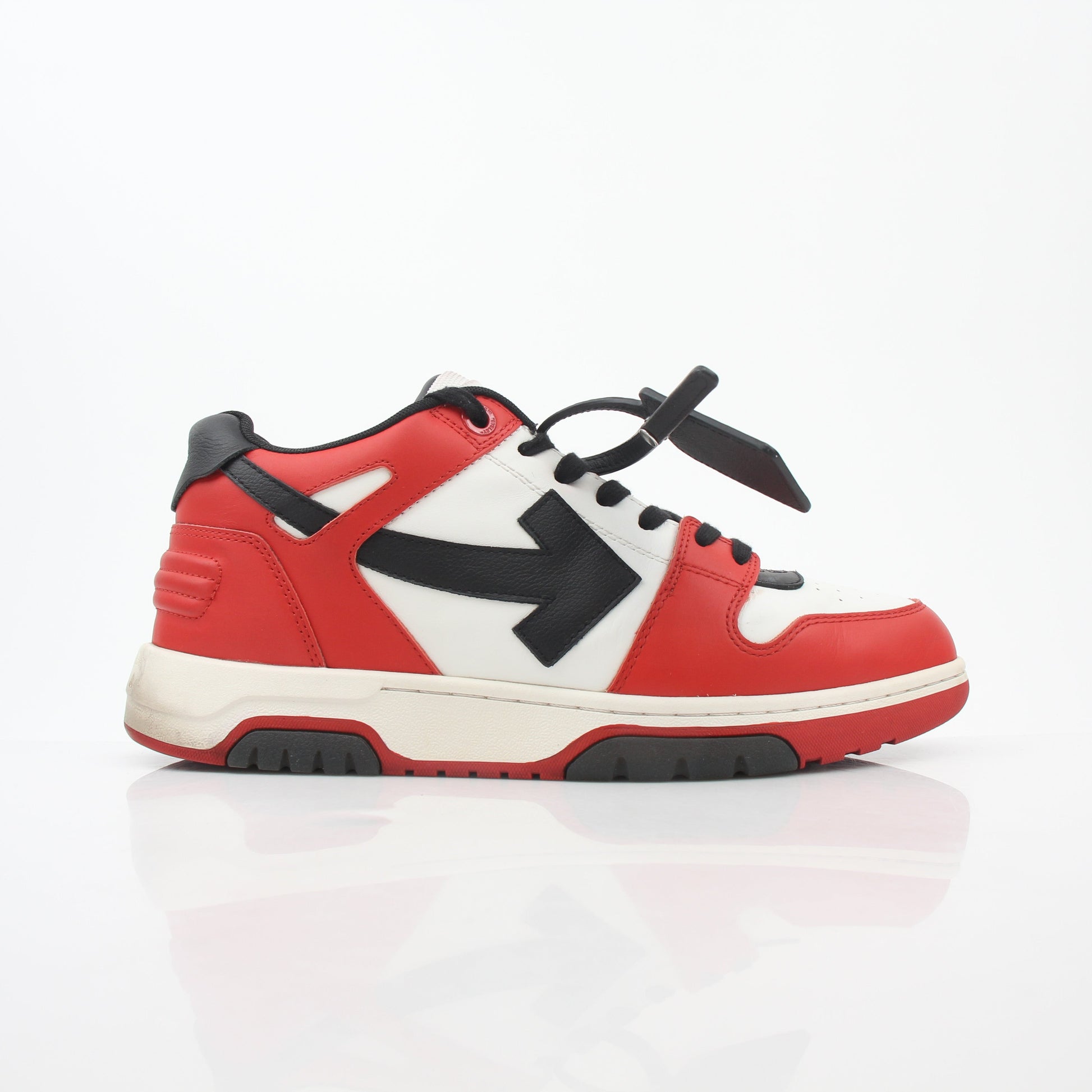 Off-White Out Of Office sneakers in red, white, and black with stylish design, displayed on a plain background.