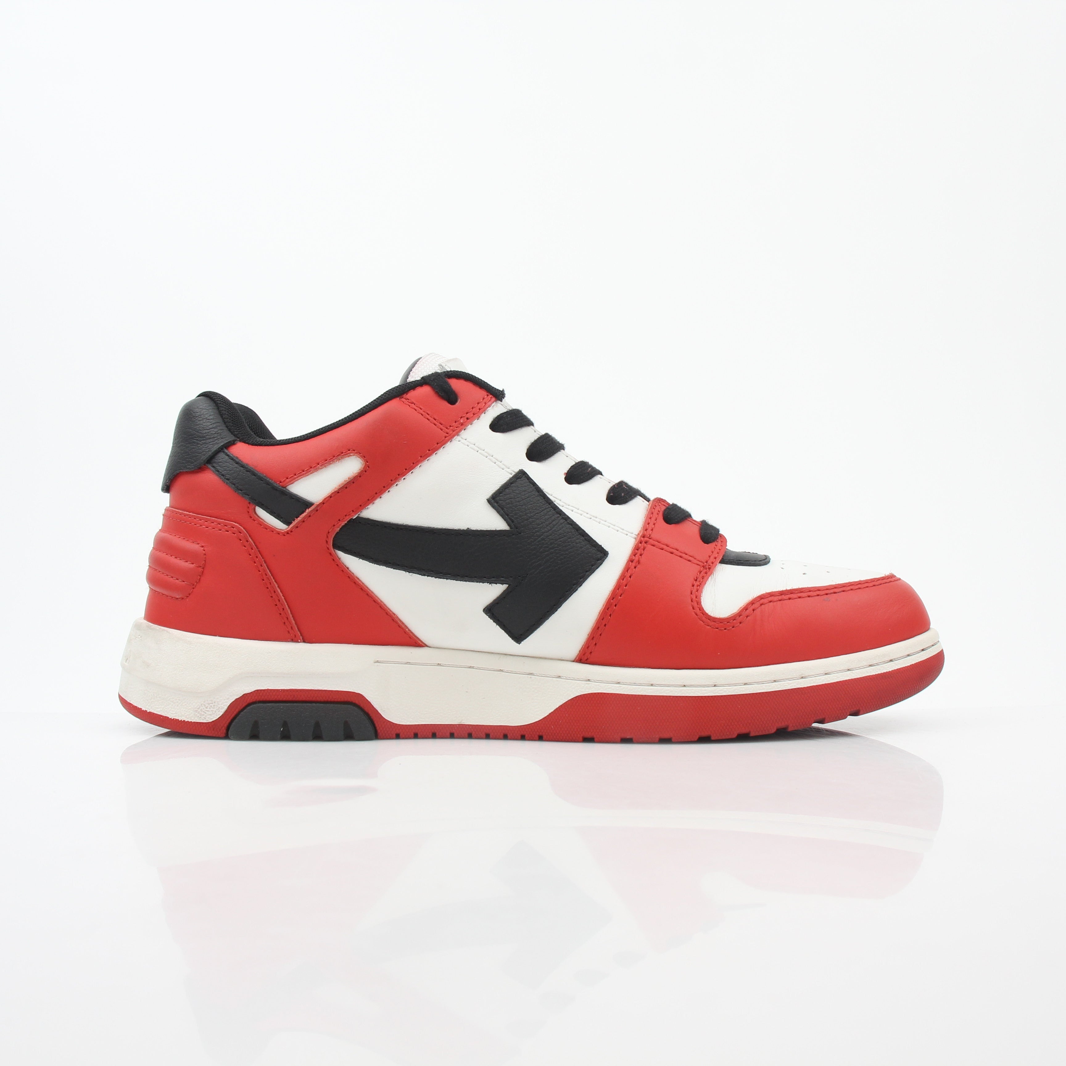 Off-White Out Of Office sneakers in red, white, and black, featuring stylish design and brand logo on shoes.