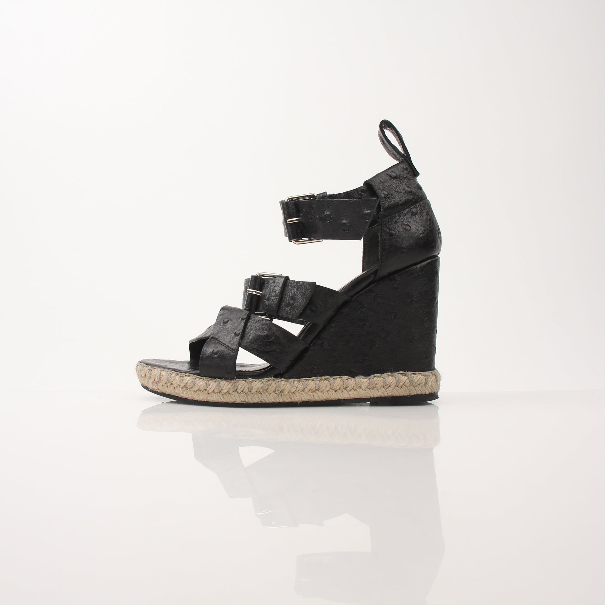 Gold & Beyond Balenciaga Ostrich Wedge Espadrille Sandals, stylish shoes with ostrich leather and wedge heel, displayed on a white background.