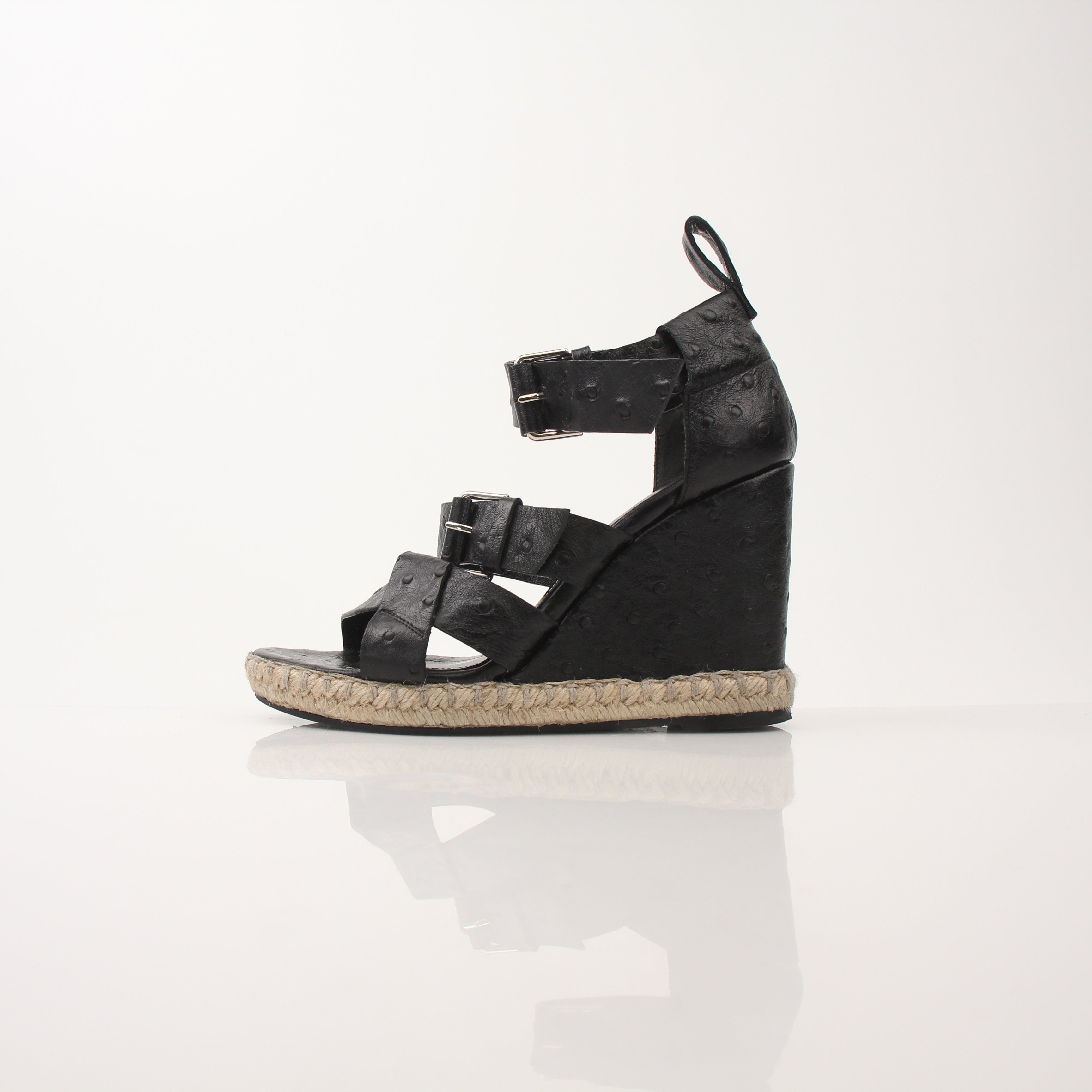 Gold & Beyond Balenciaga Ostrich Wedge Espadrille Sandals, stylish shoes with ostrich leather and wedge heel, displayed on a white background.