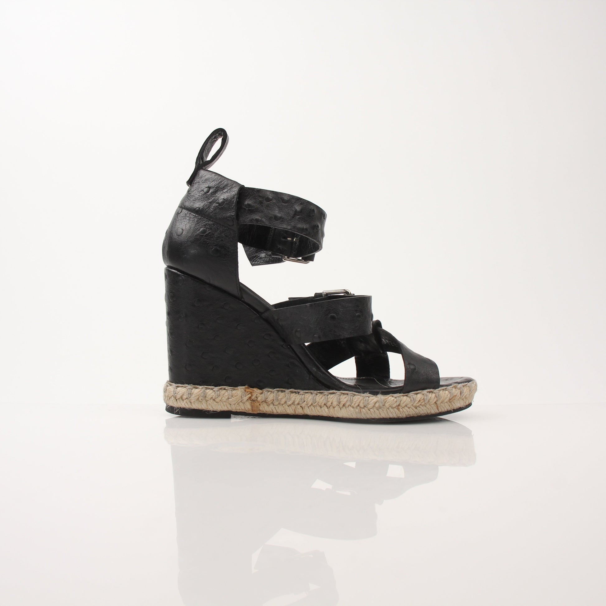 Gold & Beyond Balenciaga Ostrich Wedge Espadrille Sandals showing tan ostrich leather straps and woven espadrille wedge soles.