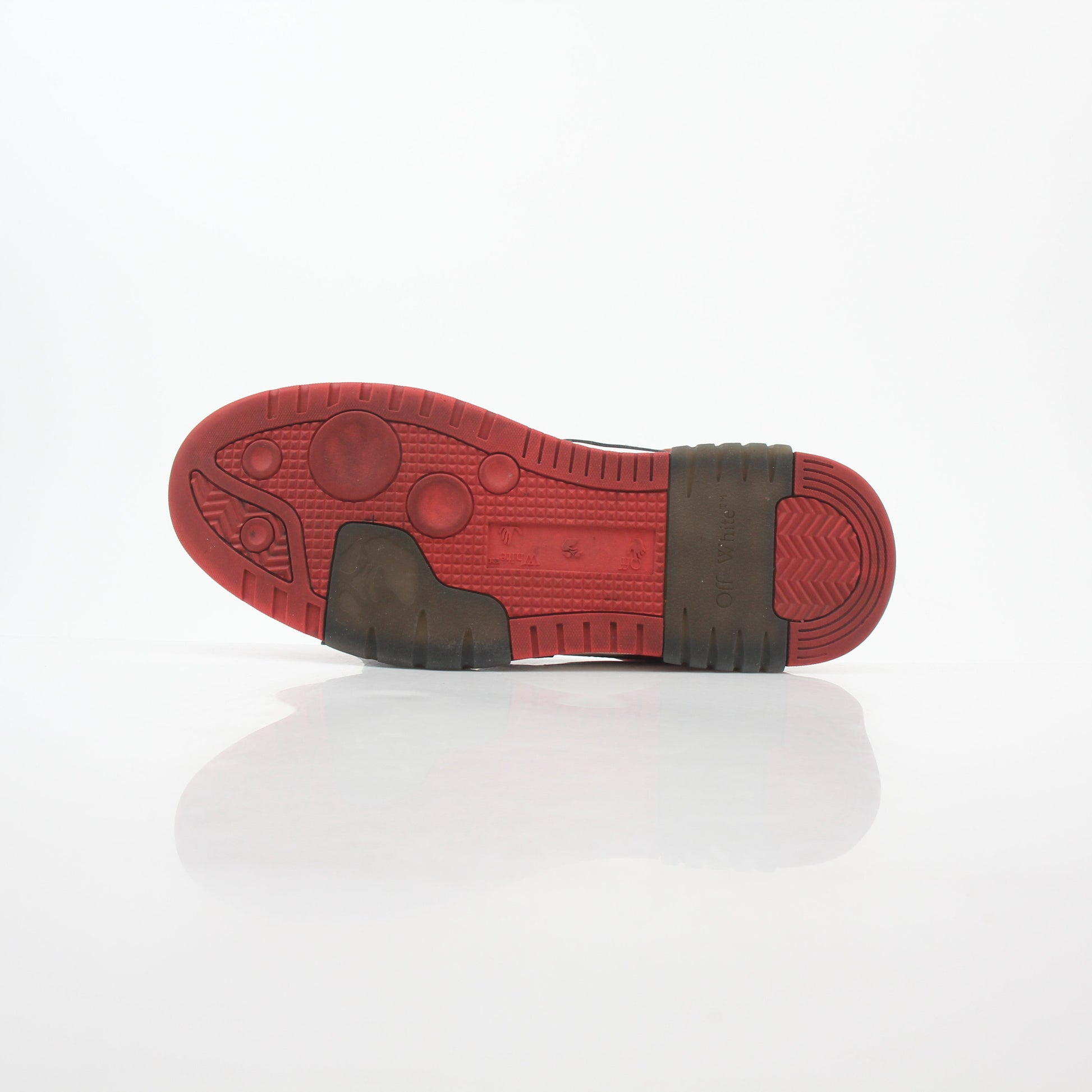 Off-White Red, White, and Black Out Of Office sneakers by Gold & Beyond, showcasing stylish athletic shoes with bold color accents.