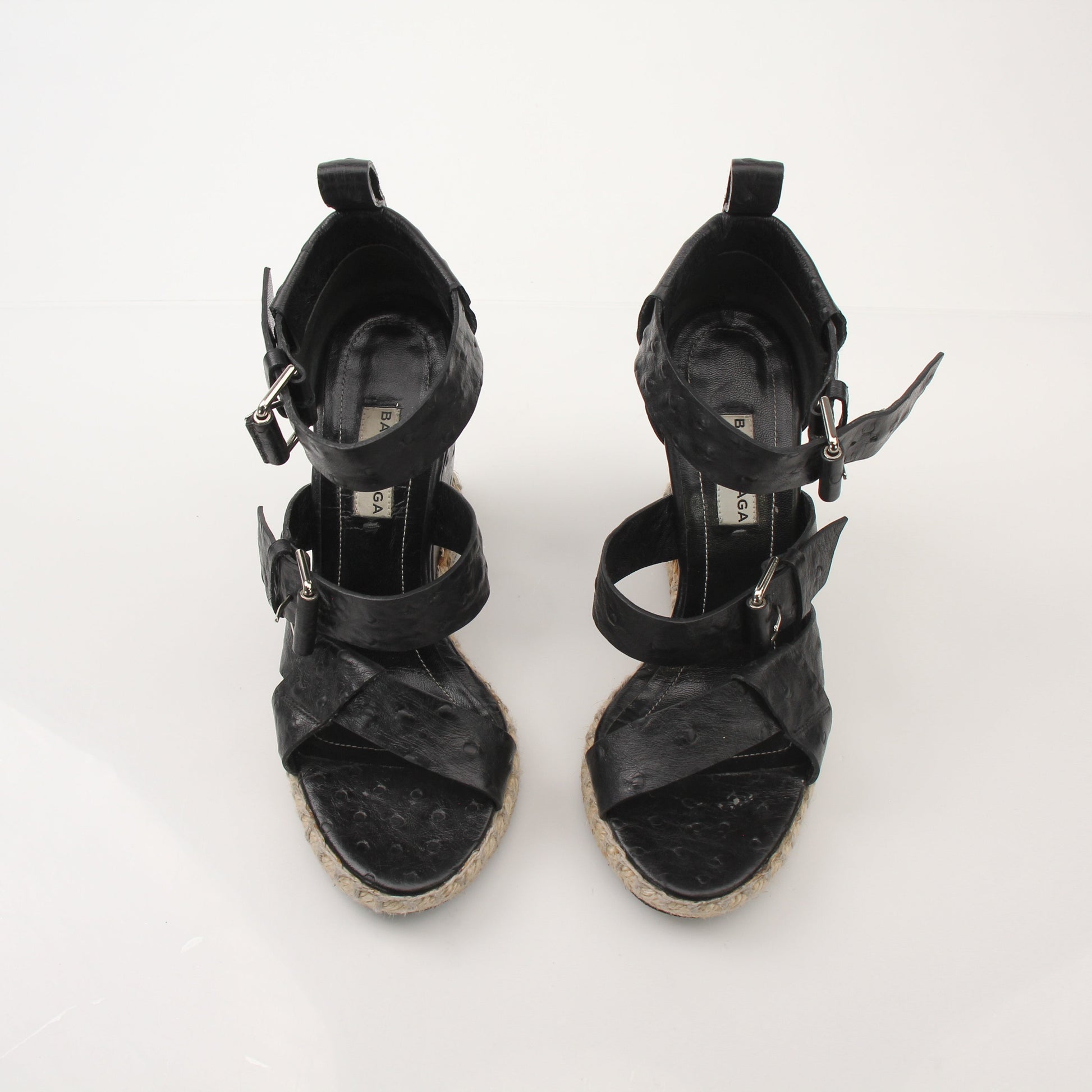 Gold & Beyond Balenciaga ostrich wedge espadrille sandals featuring luxurious ostrich leather and woven jute wedge heel.