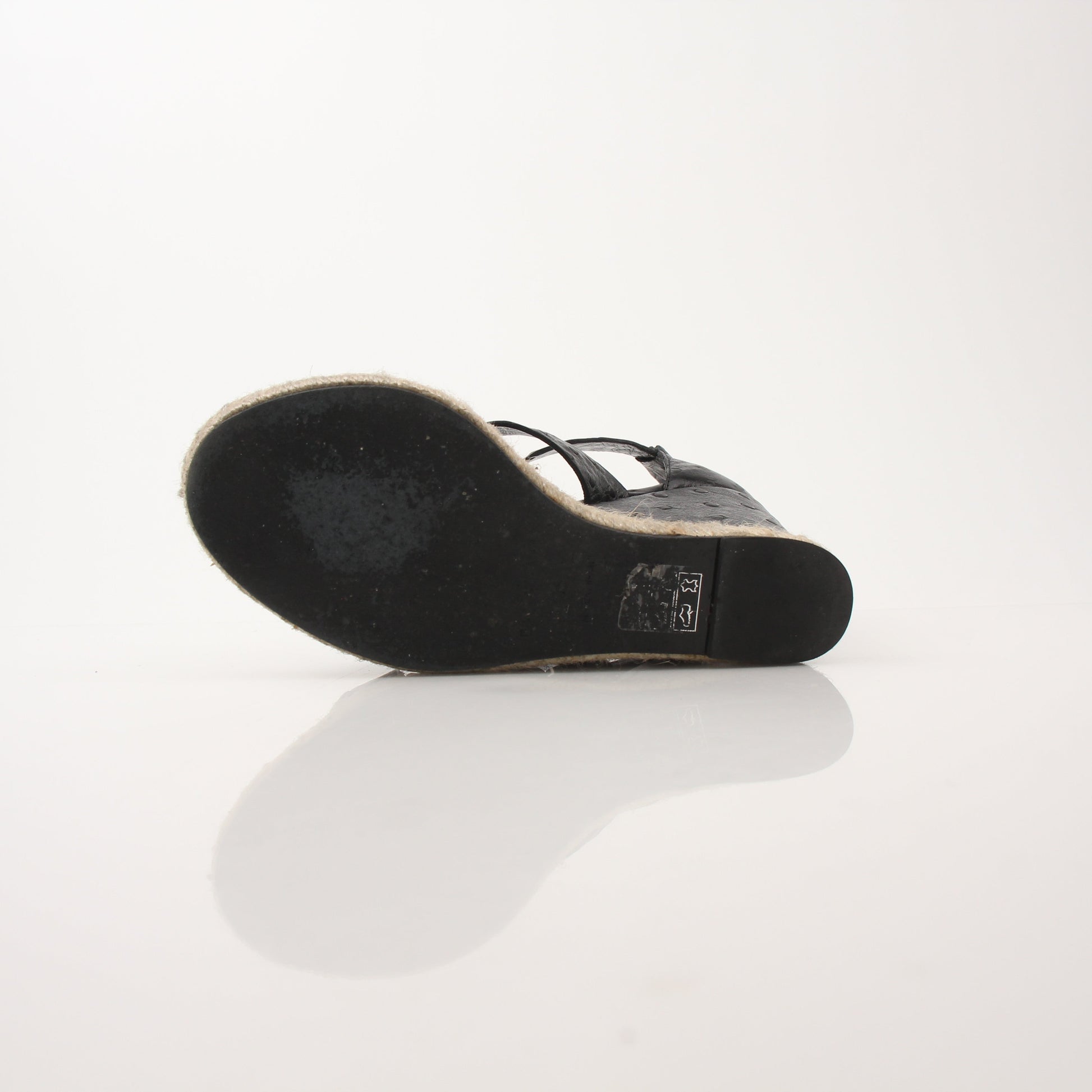 Gold & Beyond Balenciaga Ostrich Wedge Espadrille Sandals showcasing black ostrich leather and woven wedge heel.