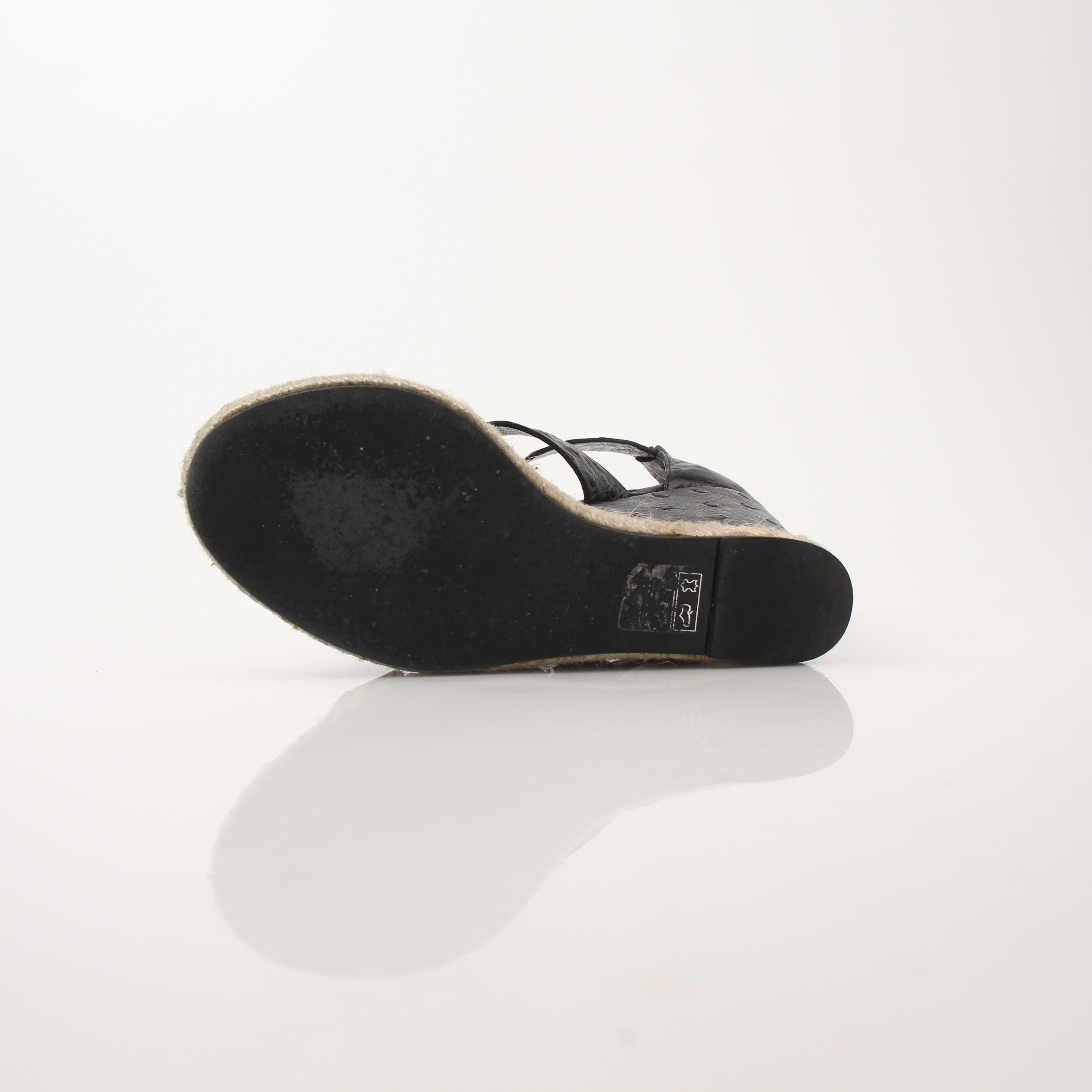 Gold & Beyond Balenciaga Ostrich Wedge Espadrille Sandals showcasing black ostrich leather and woven wedge heel.