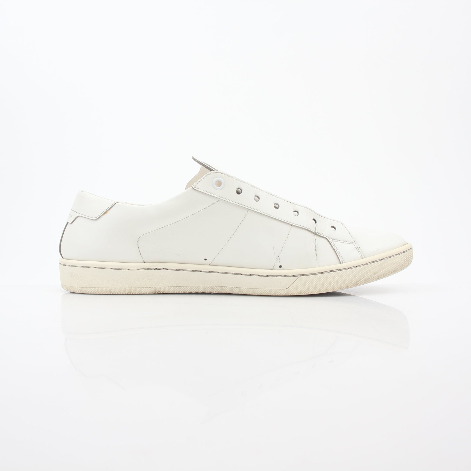 Gold & Beyond Saint Laurent White SL/06 Court Classic Sneakers, stylish shoes with white leather and minimal design.